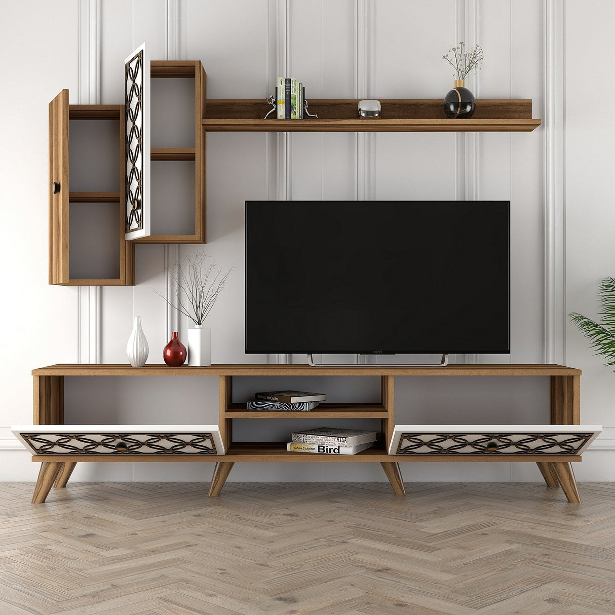 Comodă TV Class S, Diverse culori, 180x35x44 cm - Nuc - Alb | SKU: 845HCT3011 | Comodă TV Class S, 180x35x44 cm, varianta Nuc - Alb, produs pentru amenajarea locuinței, disponibil online în România la CasaMob