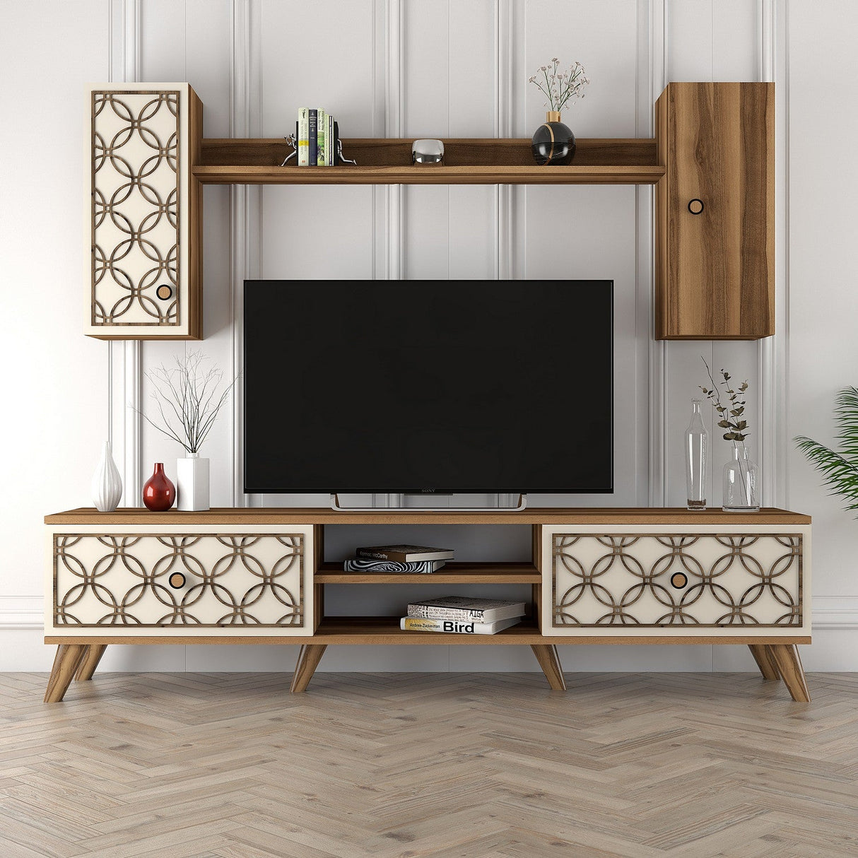 Comodă TV Class S, Diverse culori, 180x35x44 cm - Nuc - Crem | SKU: 845HCT3016 | Comodă TV Class S, 180x35x44 cm, varianta Nuc - Crem, produs pentru amenajarea locuinței, disponibil online în România la CasaMob