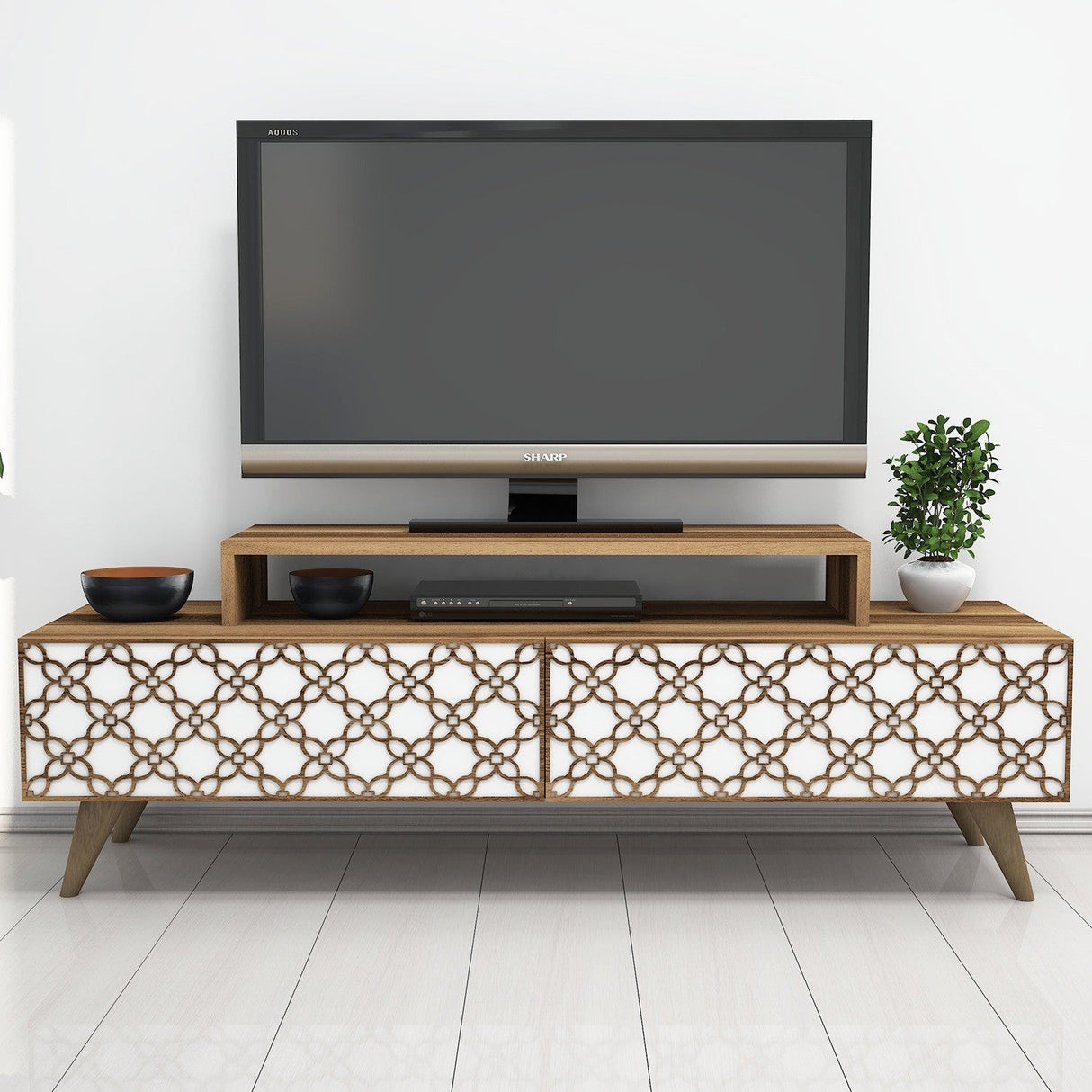 Comodă TV City, Diverse culori, 140x42x49 cm - Nuc - Alb | SKU: 845HCT3017 | Comodă TV City, 140x42x49 cm, varianta Nuc - Alb, produs pentru amenajarea locuinței, disponibil online în România la CasaMob