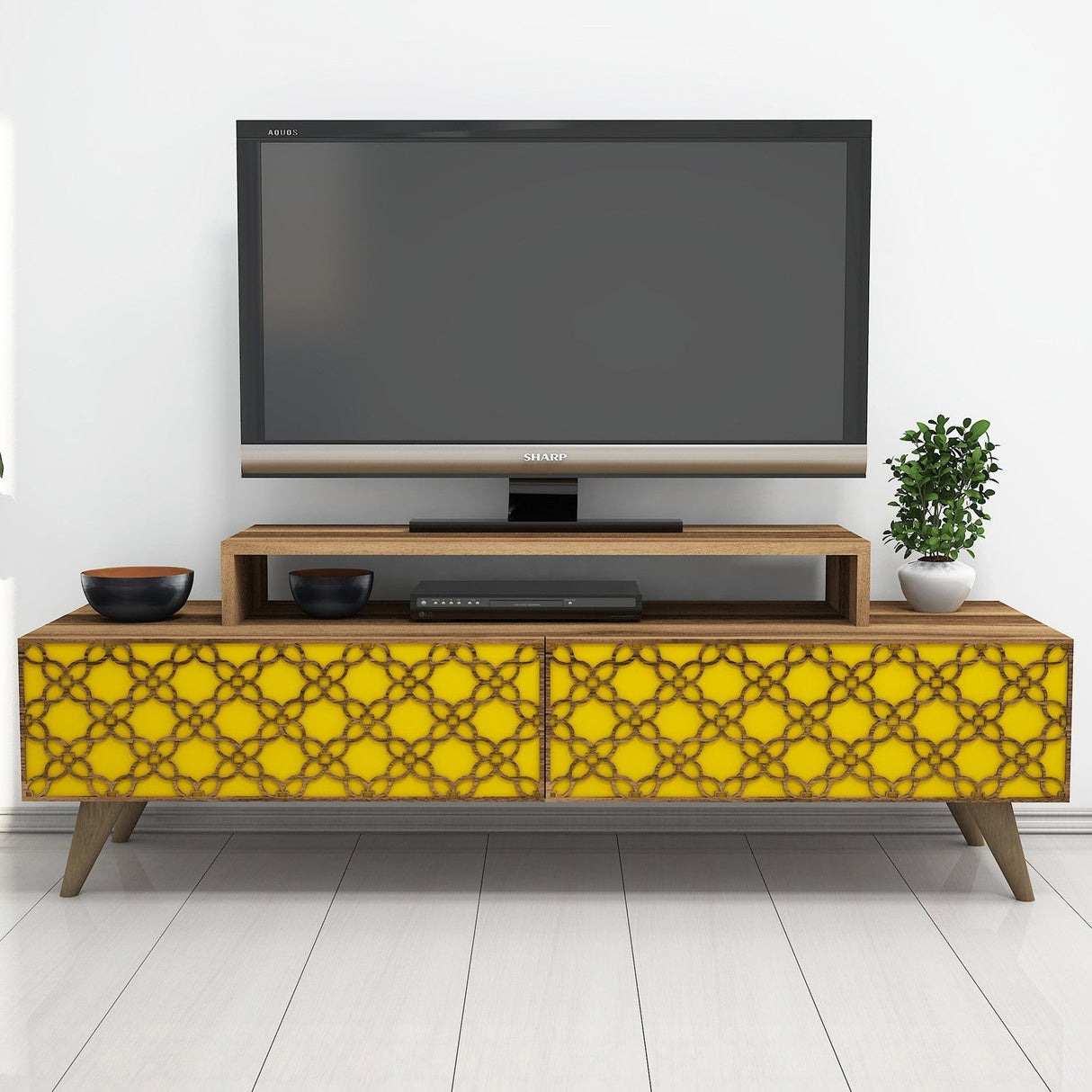 Comodă TV City, Diverse culori, 140x42x49 cm - Nuc - Galben | SKU: 845HCT3021 | Comodă TV City, 140x42x49 cm, varianta Nuc - Galben, produs pentru amenajarea locuinței, disponibil online în România la CasaMob