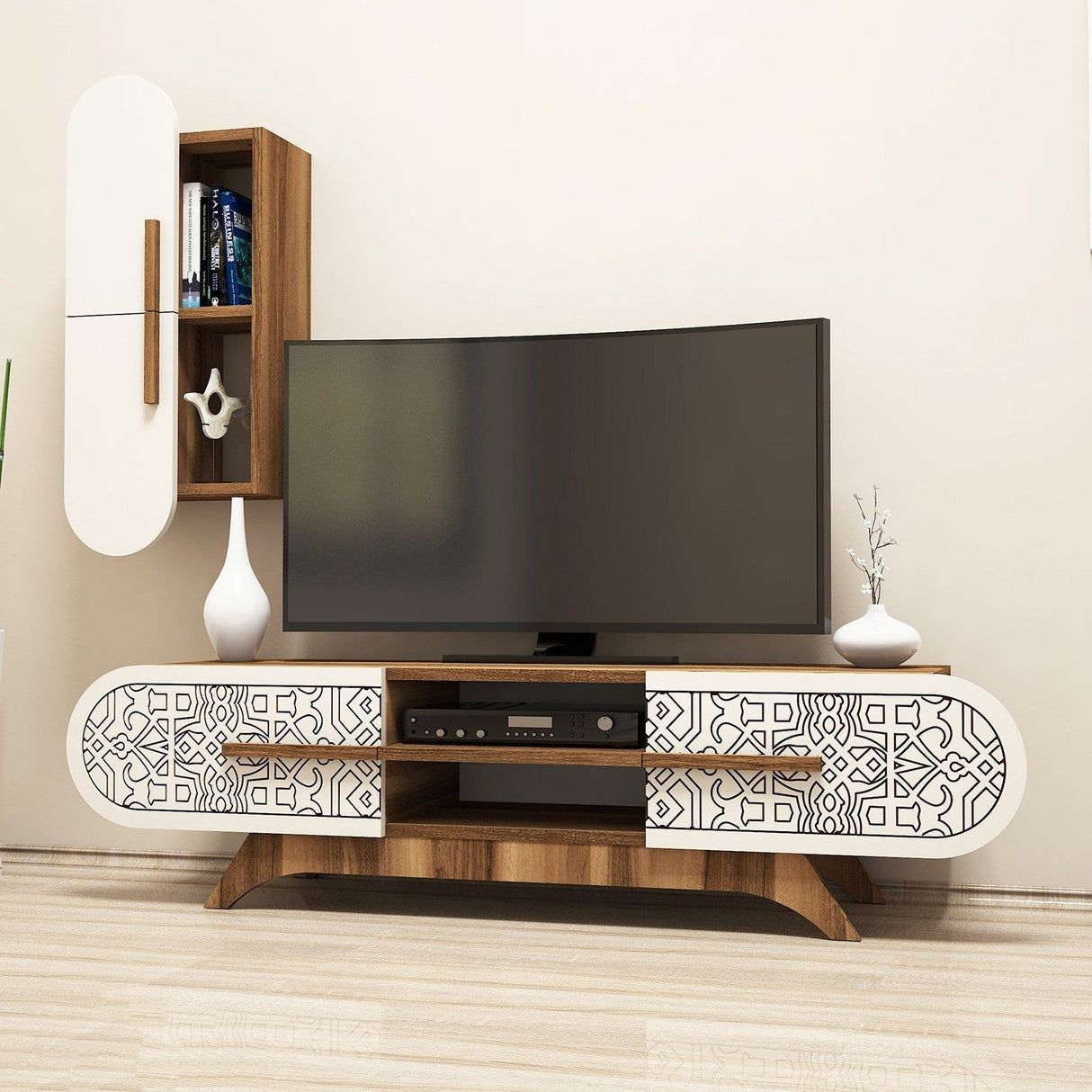 Comodă TV Defne, Diverse culori, Diverse dimensiuni - Nuc - Crem - 145x35x37 cm | SKU: 845HCT3023 | Comodă TV Defne, varianta Nuc - Crem - 145x35x37 cm, produs pentru amenajarea locuinței, disponibil online în România la CasaMob