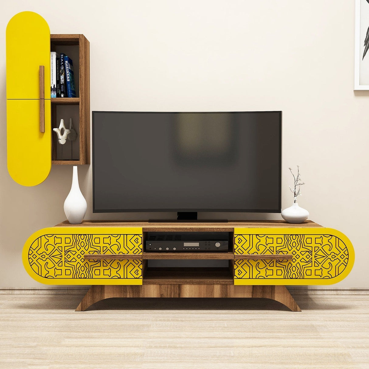 Comodă TV Defne, Diverse culori, Diverse dimensiuni - Nuc - Galben - 145x35x37 cm | SKU: 845HCT3024 | Comodă TV Defne, varianta Nuc - Galben - 145x35x37 cm, produs pentru amenajarea locuinței, disponibil online în România la CasaMob