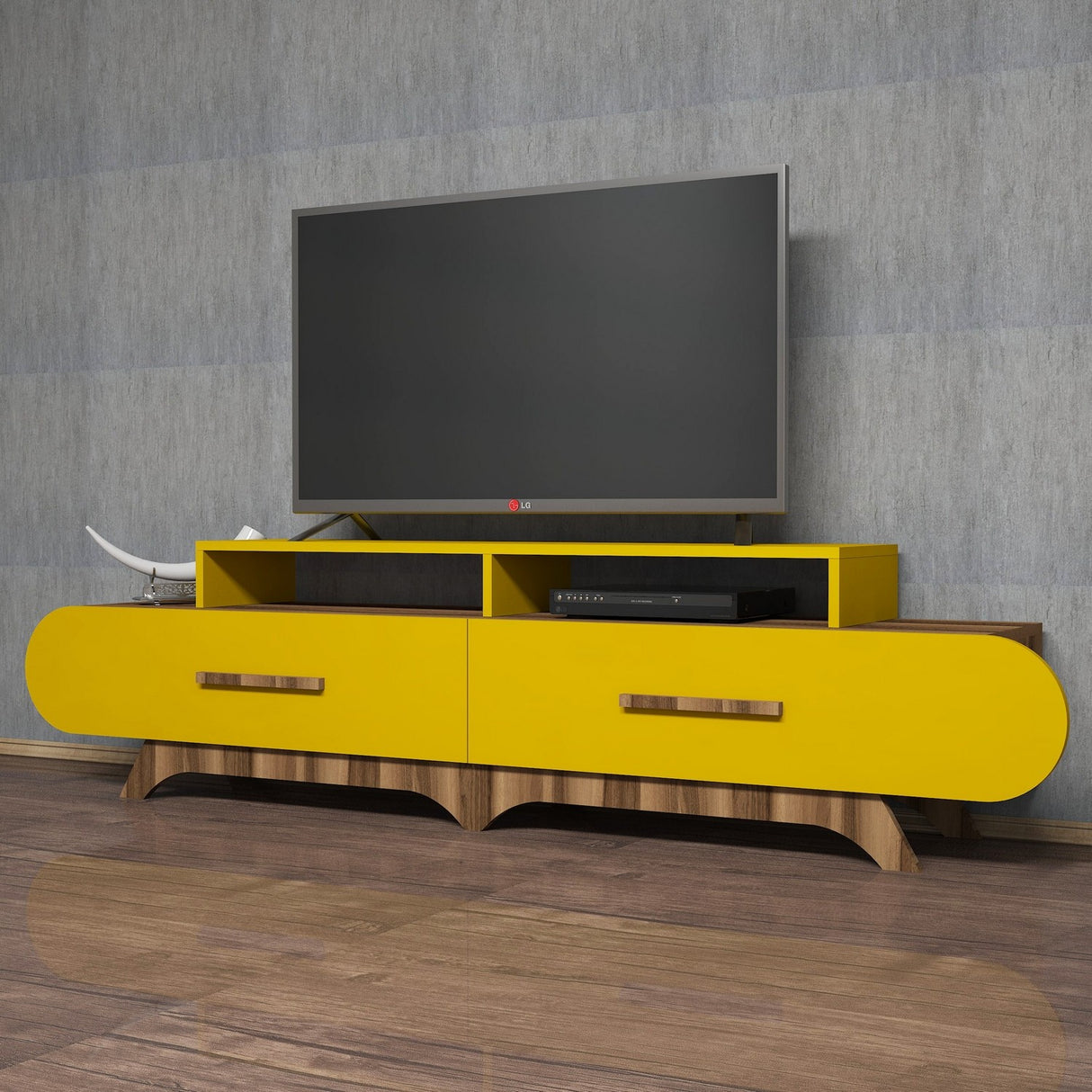 Comodă TV Flora, Nuc - Galben, 205x37x50 cm