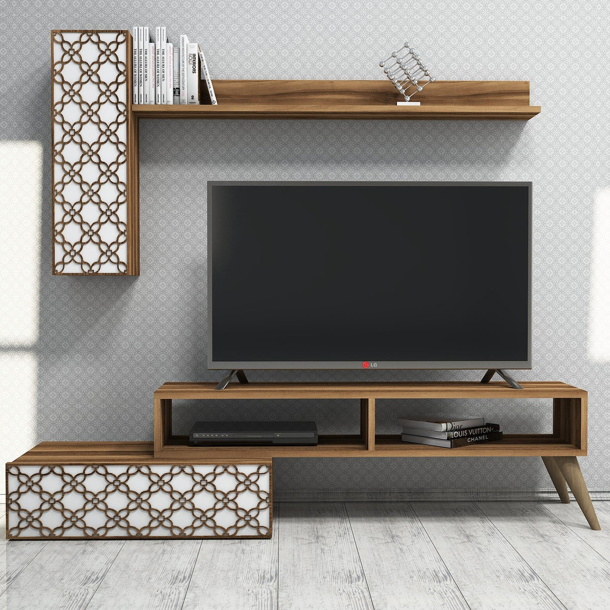 Comodă TV Planet, Diverse culori, 150x37x38 cm - Nuc - Alb | SKU: 845HCT3044 | Comodă TV Planet, 150x37x38 cm, varianta Nuc - Alb, produs pentru amenajarea locuinței, disponibil online în România la CasaMob