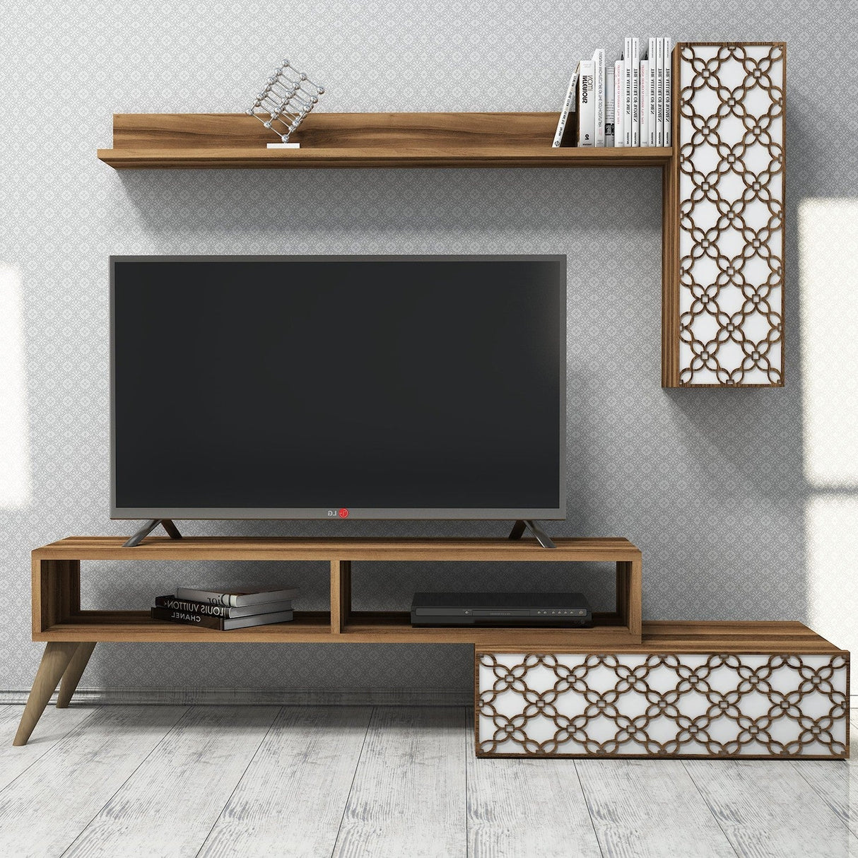 Comodă TV Planet, Diverse culori, 150x37x38 cm - Nuc - Alb | SKU: 845HCT3044 | Comodă TV Planet, 150x37x38 cm, varianta Nuc - Alb, produs pentru amenajarea locuinței, disponibil online în România la CasaMob