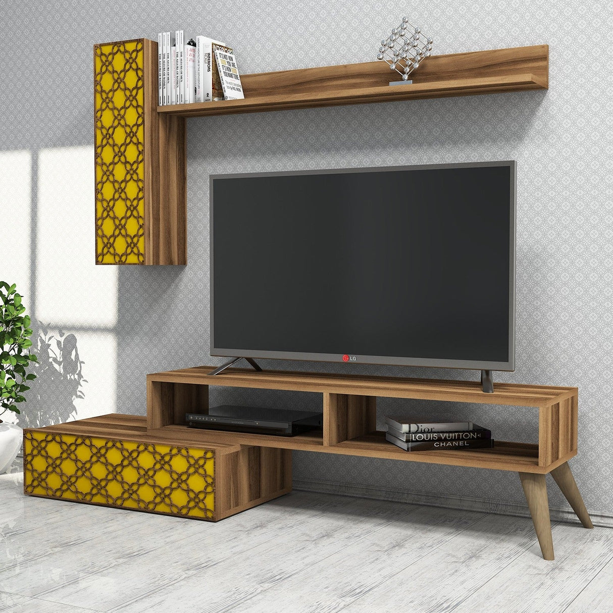 Comodă TV Planet, Diverse culori, 150x37x38 cm - Nuc - Galben | SKU: 845HCT3048 | Comodă TV Planet, 150x37x38 cm, varianta Nuc - Galben, produs pentru amenajarea locuinței, disponibil online în România la CasaMob