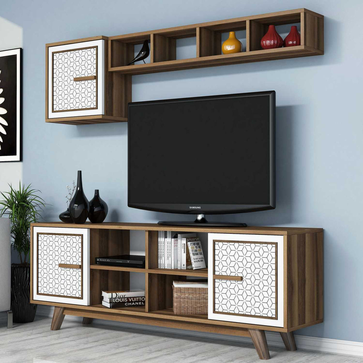 Comodă TV Ayla, Diverse culori, 160x35x56 cm - Nuc - Alb | SKU: 845HCT3063 | Comodă TV Ayla, 160x35x56 cm, varianta Nuc - Alb, produs pentru amenajarea locuinței, disponibil online în România la CasaMob