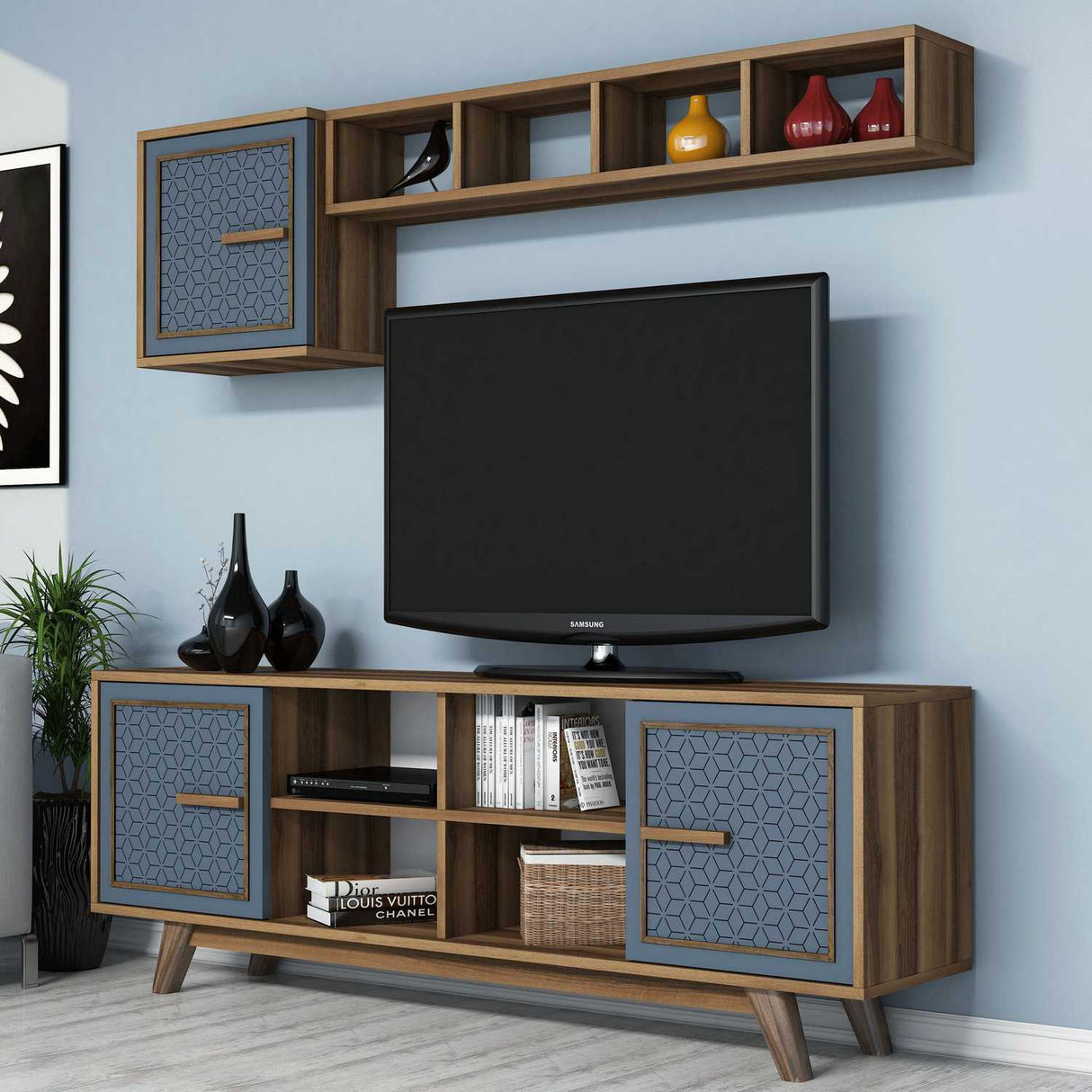 Comodă TV Ayla, Diverse culori, 160x35x56 cm - Nuc - Albastru | SKU: 845HCT3065 | Comodă TV Ayla, 160x35x56 cm, varianta Nuc - Albastru, produs pentru amenajarea locuinței, disponibil online în România la CasaMob