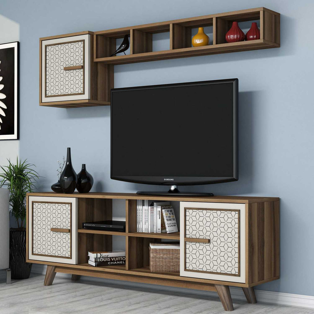 Comodă TV Ayla, Diverse culori, 160x35x56 cm - Nuc - Crem | SKU: 845HCT3066 | Comodă TV Ayla, 160x35x56 cm, varianta Nuc - Crem, produs pentru amenajarea locuinței, disponibil online în România la CasaMob