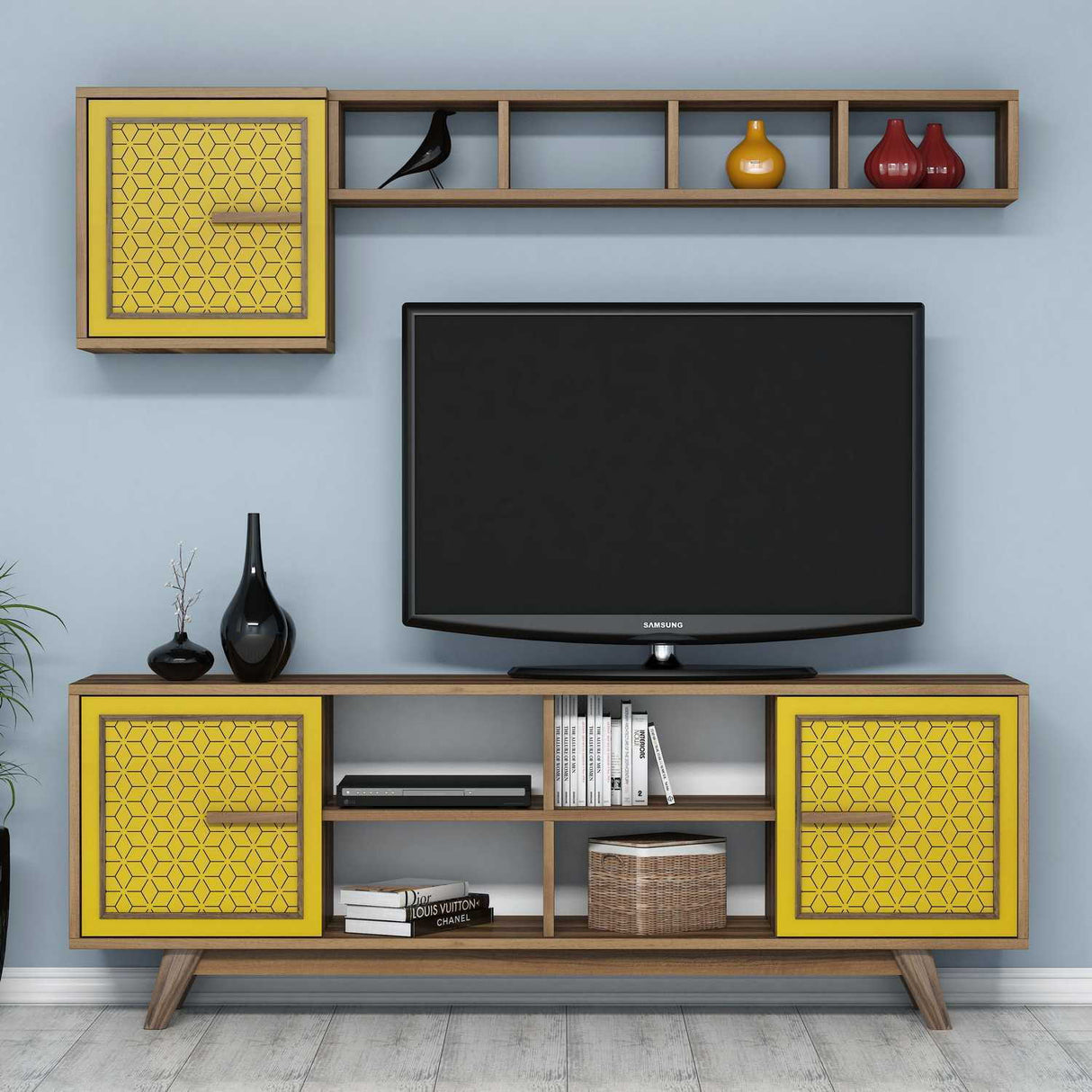 Comodă TV Ayla, Diverse culori, 160x35x56 cm - Nuc - Galben | SKU: 845HCT3067 | Comodă TV Ayla, 160x35x56 cm, varianta Nuc - Galben, produs pentru amenajarea locuinței, disponibil online în România la CasaMob