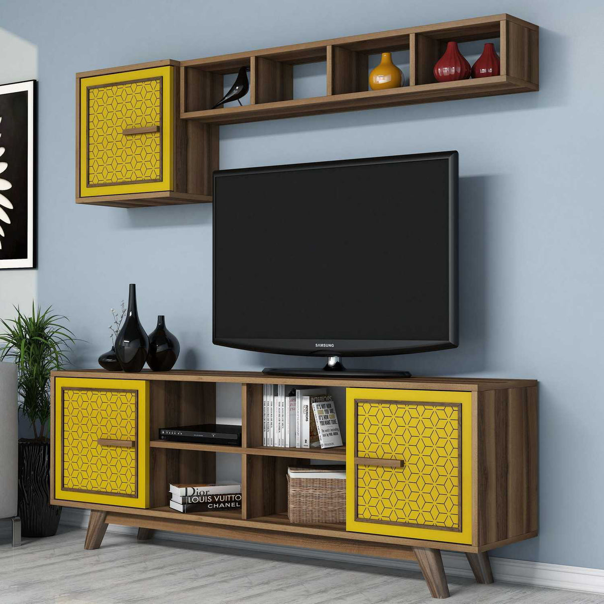 Comodă TV Ayla, Diverse culori, 160x35x56 cm - Nuc - Galben | SKU: 845HCT3067 | Comodă TV Ayla, 160x35x56 cm, varianta Nuc - Galben, produs pentru amenajarea locuinței, disponibil online în România la CasaMob