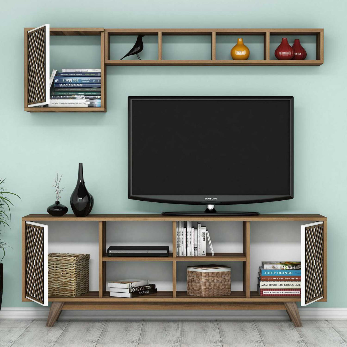 Comodă TV Inci, Diverse culori, 160x35x56 cm - Nuc - Alb | SKU: 845HCT3068 | Comodă TV Inci, 160x35x56 cm, varianta Nuc - Alb, produs pentru amenajarea locuinței, disponibil online în România la CasaMob