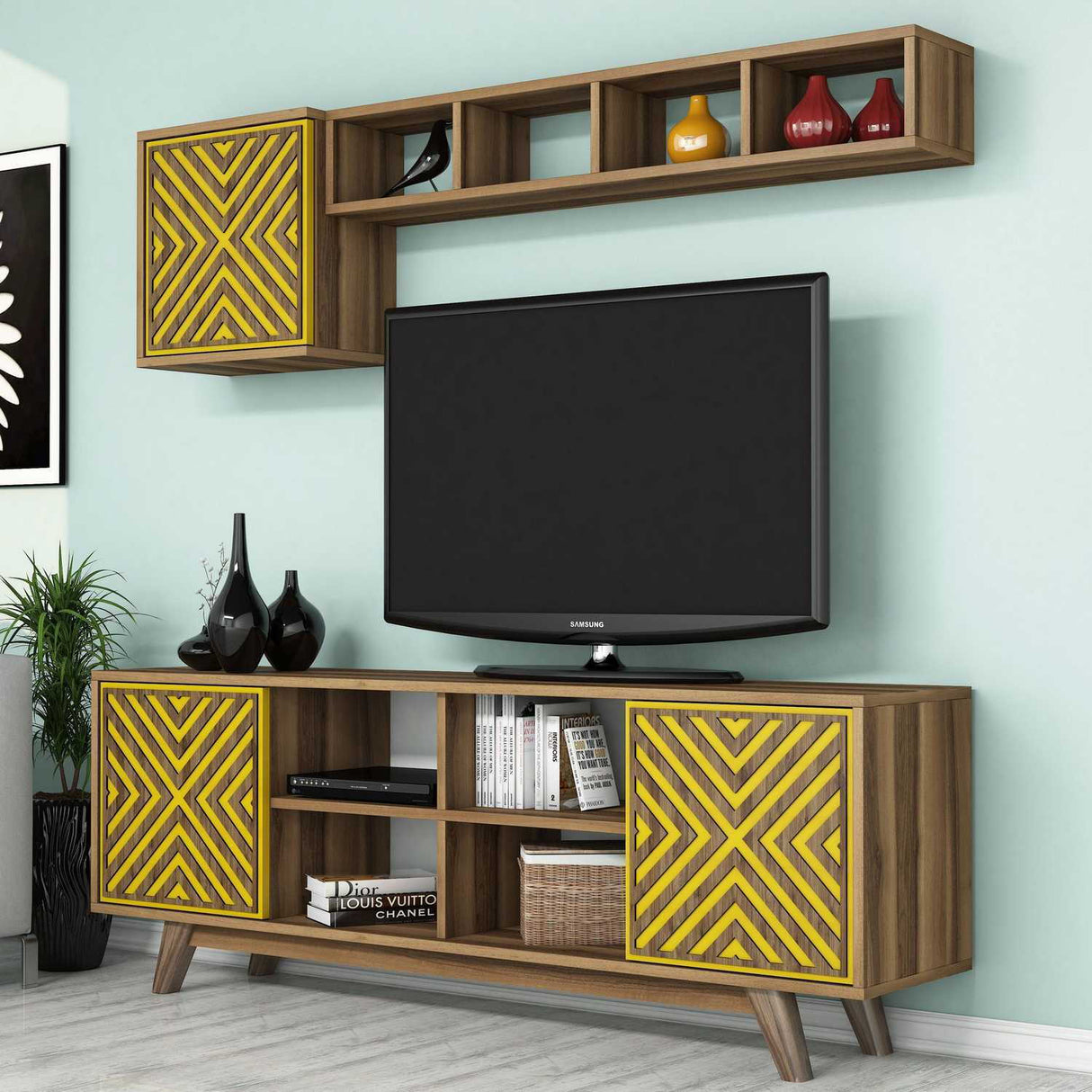 Comodă TV Inci, Diverse culori, 160x35x56 cm - Nuc - Galben | SKU: 845HCT3072 | Comodă TV Inci, 160x35x56 cm, varianta Nuc - Galben, produs pentru amenajarea locuinței, disponibil online în România la CasaMob