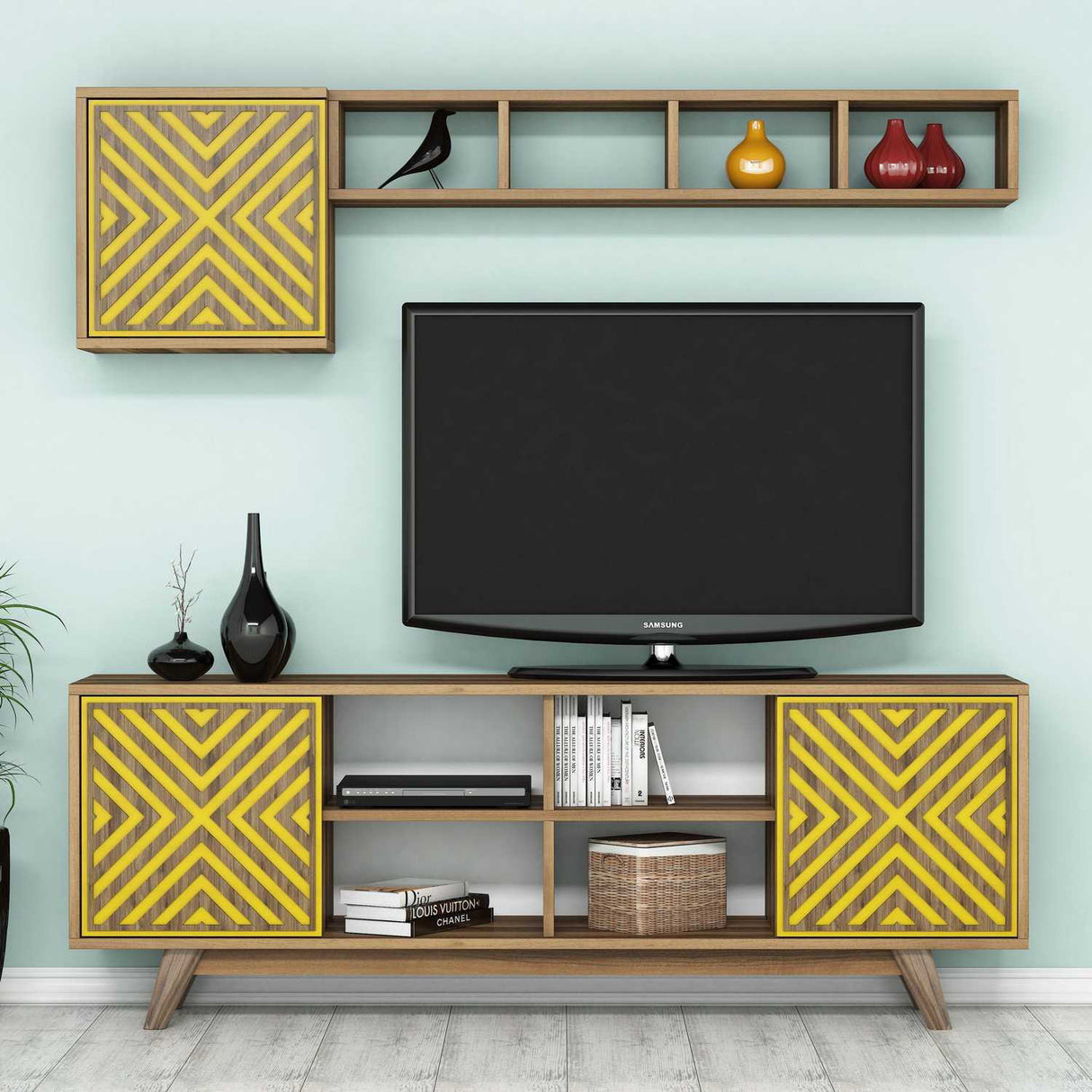 Comodă TV Inci, Diverse culori, 160x35x56 cm - Nuc - Galben | SKU: 845HCT3072 | Comodă TV Inci, 160x35x56 cm, varianta Nuc - Galben, produs pentru amenajarea locuinței, disponibil online în România la CasaMob