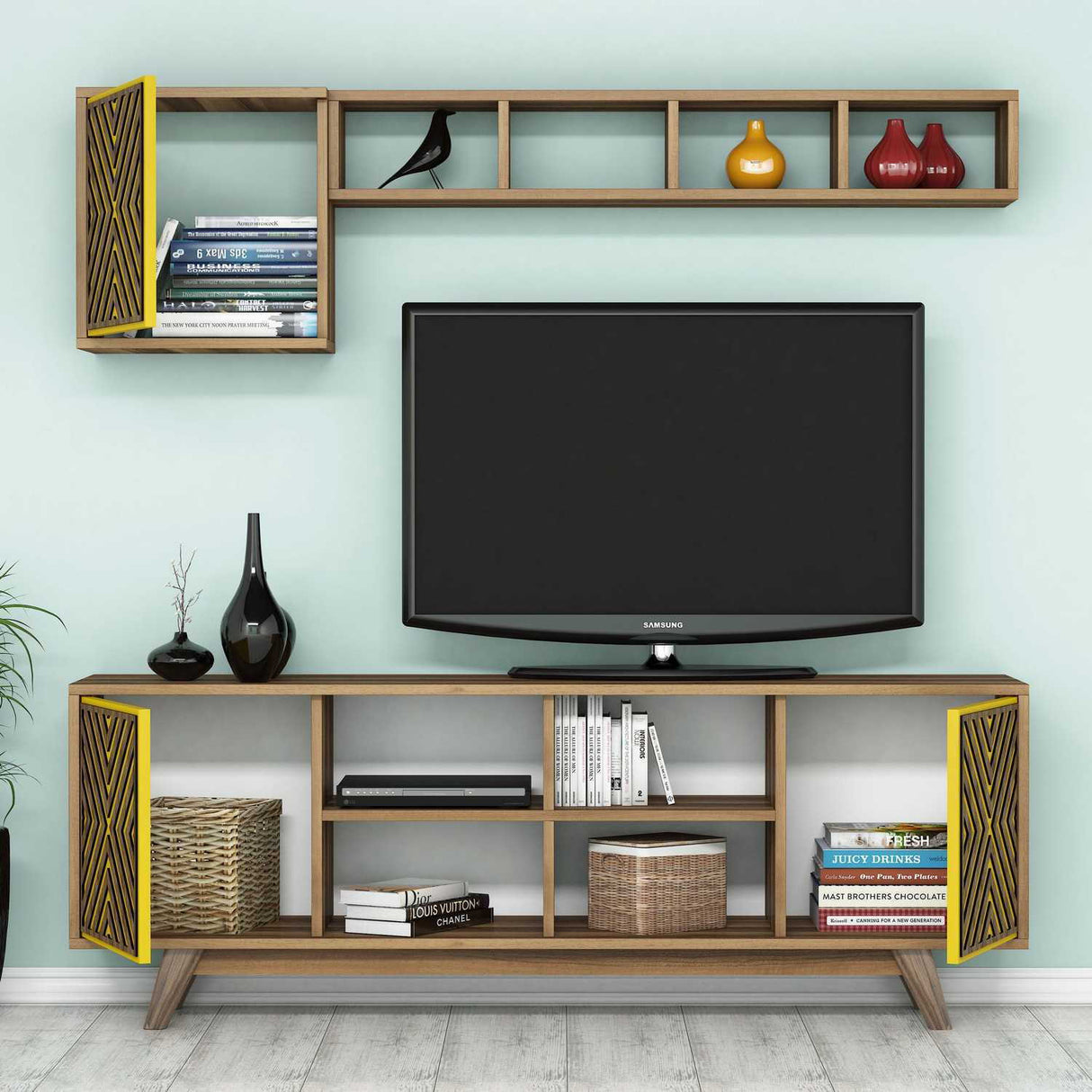 Comodă TV Inci, Diverse culori, 160x35x56 cm - Nuc - Galben | SKU: 845HCT3072 | Comodă TV Inci, 160x35x56 cm, varianta Nuc - Galben, produs pentru amenajarea locuinței, disponibil online în România la CasaMob