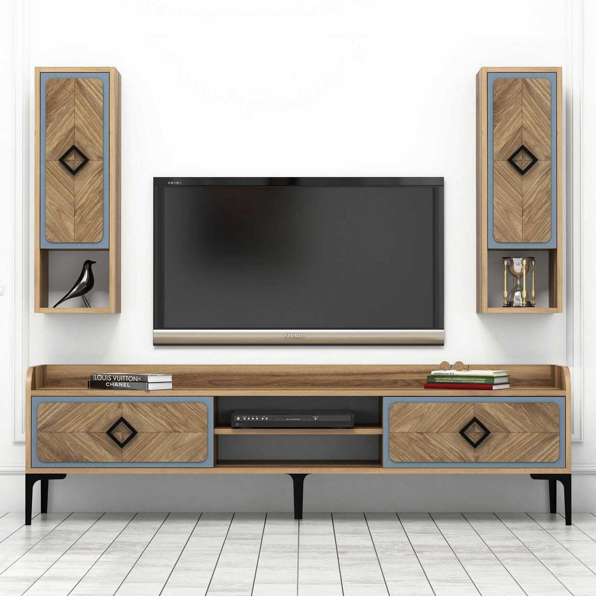 Comodă TV Samba, Diverse culori, 180x35x52 cm - Nuc - Albastru | SKU: 845HCT3074 | Comodă TV Samba, 180x35x52 cm, varianta Nuc - Albastru, produs pentru amenajarea locuinței, disponibil online în România la CasaMob
