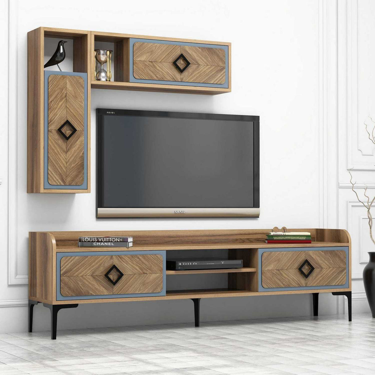 Comodă TV Samba, Diverse culori, 180x35x52 cm - Nuc - Albastru | SKU: 845HCT3074 | Comodă TV Samba, 180x35x52 cm, varianta Nuc - Albastru, produs pentru amenajarea locuinței, disponibil online în România la CasaMob
