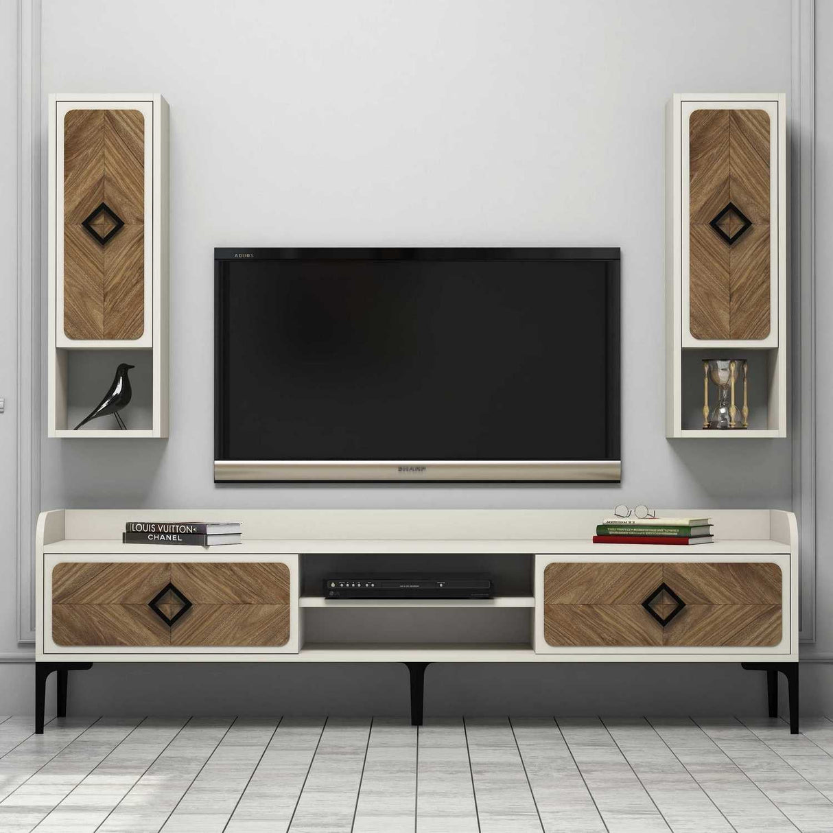 Comodă TV Samba, Diverse culori, 180x35x52 cm - Nuc - Crem | SKU: 845HCT3075 | Comodă TV Samba, 180x35x52 cm, varianta Nuc - Crem, produs pentru amenajarea locuinței, disponibil online în România la CasaMob