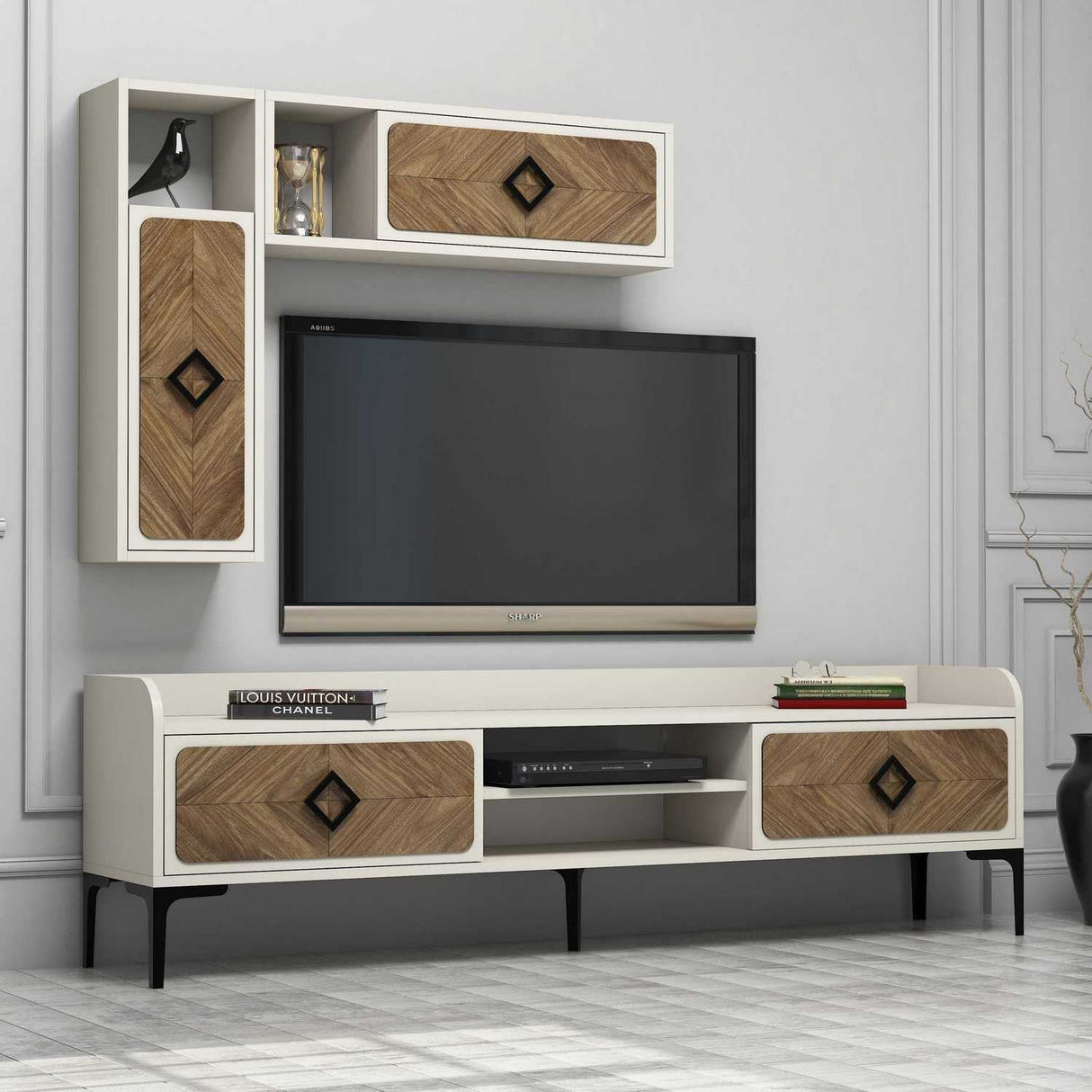 Comodă TV Samba, Diverse culori, 180x35x52 cm - Nuc - Crem | SKU: 845HCT3075 | Comodă TV Samba, 180x35x52 cm, varianta Nuc - Crem, produs pentru amenajarea locuinței, disponibil online în România la CasaMob