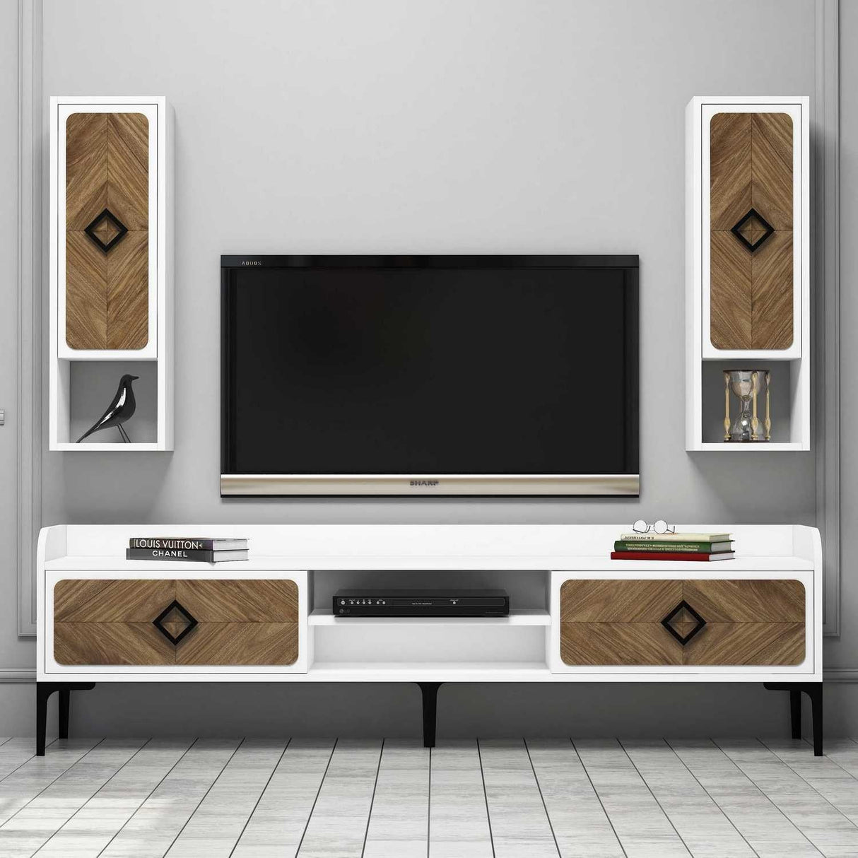 Comodă TV Samba, Diverse culori, 180x35x52 cm - Alb - Nuc | SKU: 845HCT3076 | Comodă TV Samba, 180x35x52 cm, varianta Alb - Nuc, produs pentru amenajarea locuinței, disponibil online în România la CasaMob