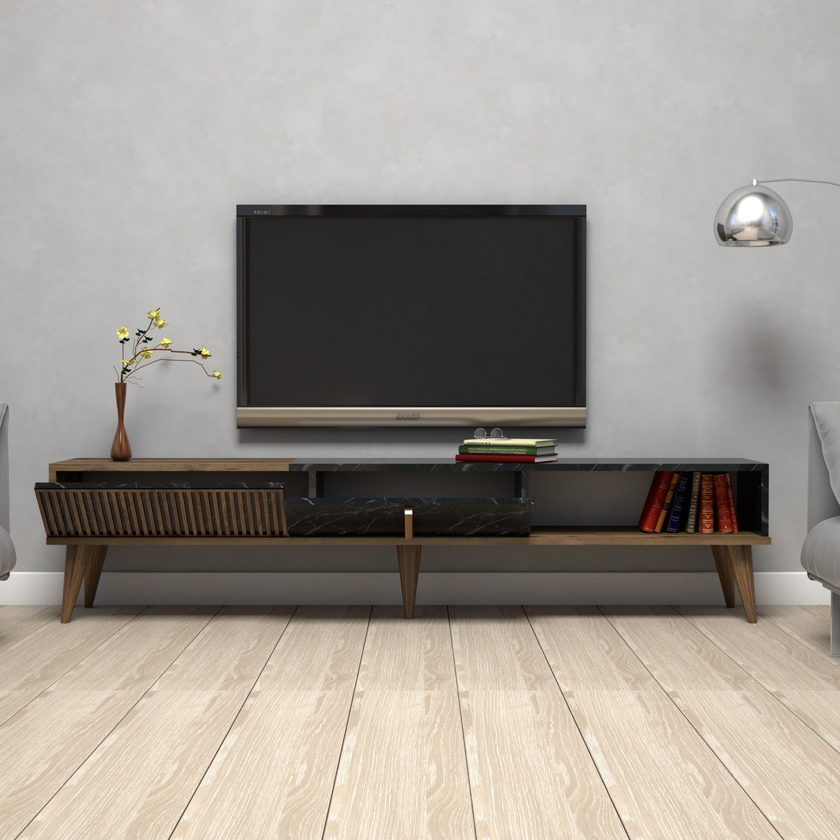 Comodă TV Milan, Nuc - Negru, 180x35x40 cm