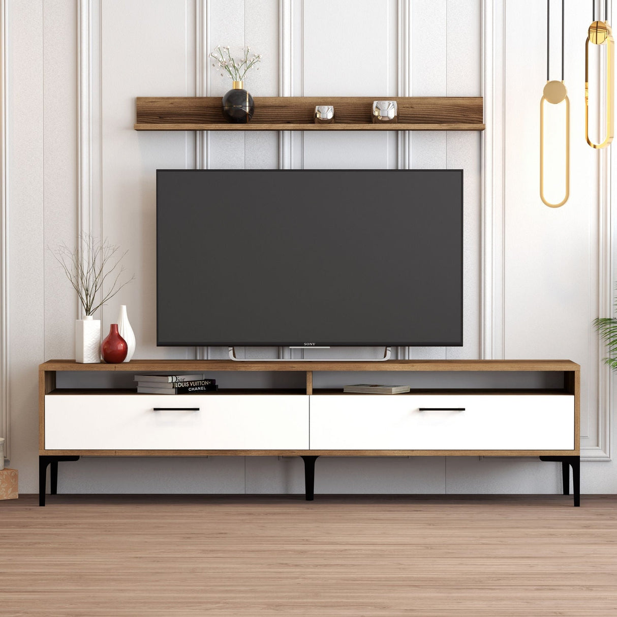 Comodă TV Istanbul, Diverse culori, 180x35x47 cm - Nuc - Alb | SKU: 845HCT3096 | Comodă TV Istanbul, 180x35x47 cm, varianta Nuc - Alb, produs pentru amenajarea locuinței, disponibil online în România la CasaMob