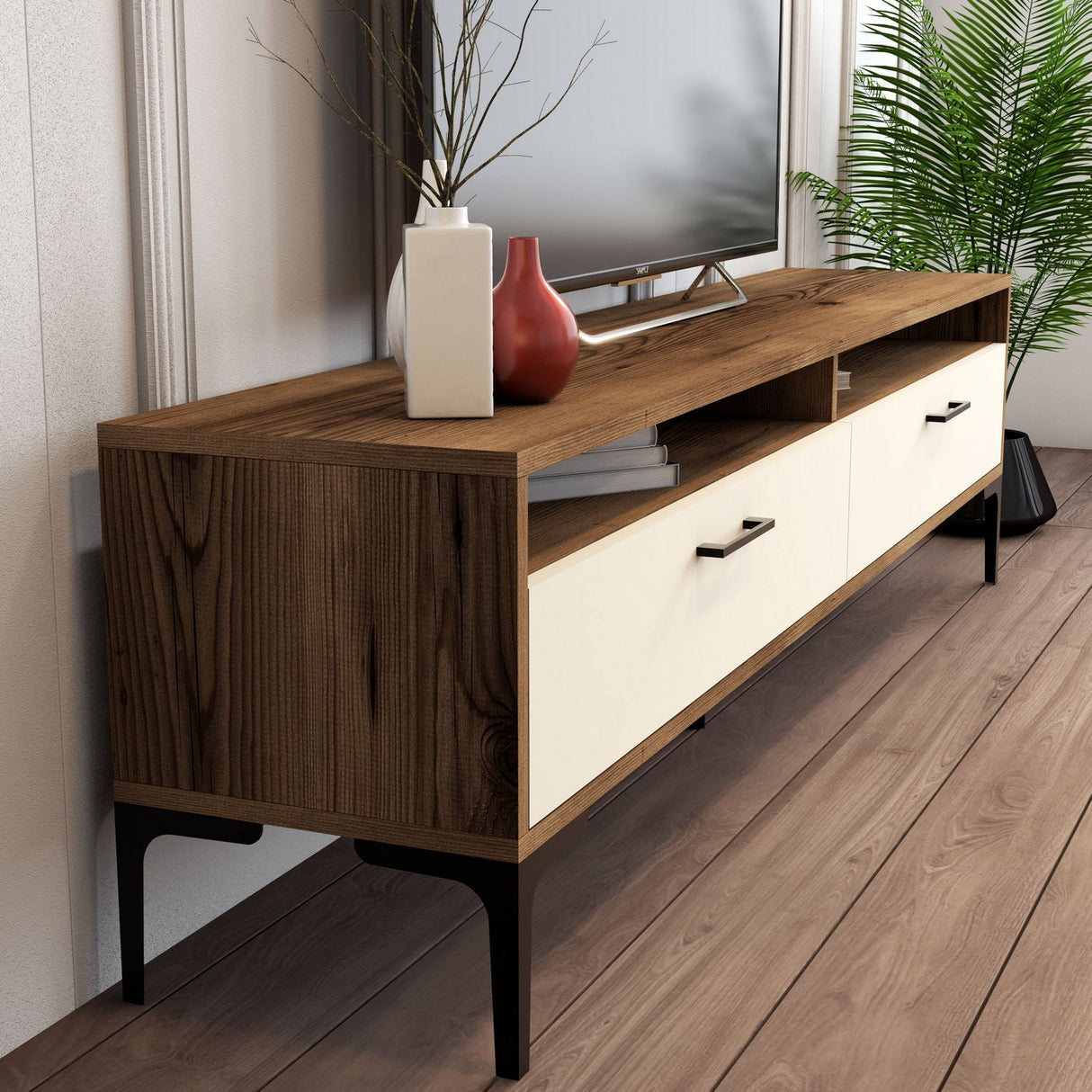 Comodă TV Istanbul, Diverse culori, 180x35x47 cm - Nuc - Crem | SKU: 845HCT3099 | Comodă TV Istanbul, 180x35x47 cm, varianta Nuc - Crem, produs pentru amenajarea locuinței, disponibil online în România la CasaMob