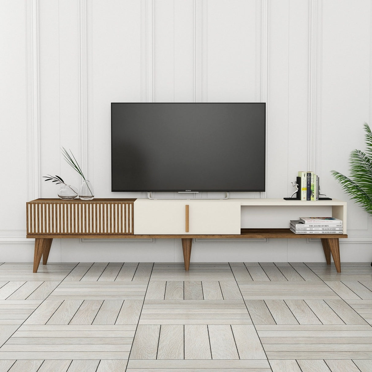 Comodă TV Milan Alt, Nuc - Crem, 180x35x40 cm