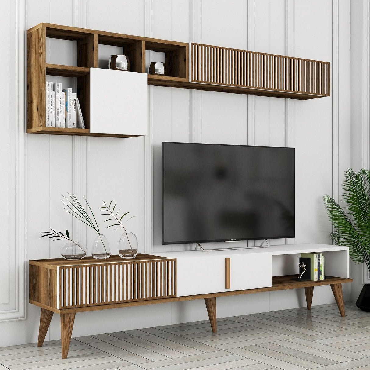 Comodă TV Milan TV, Nuc - Alb, 180x35x40 cm