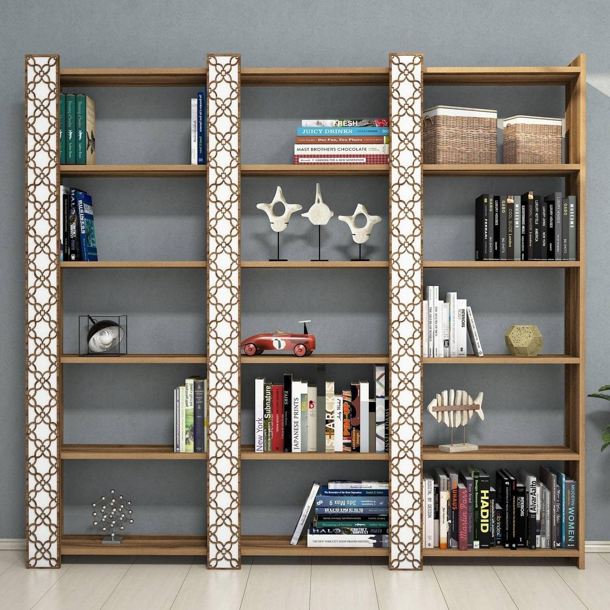 Bibliotecă City 3, Diverse culori, 185x24x170 cm - Nuc - Alb | SKU: 845HCT3618 | Bibliotecă City 3, 185x24x170 cm, varianta Nuc - Alb, produs pentru amenajarea locuinței, disponibil online în România la CasaMob