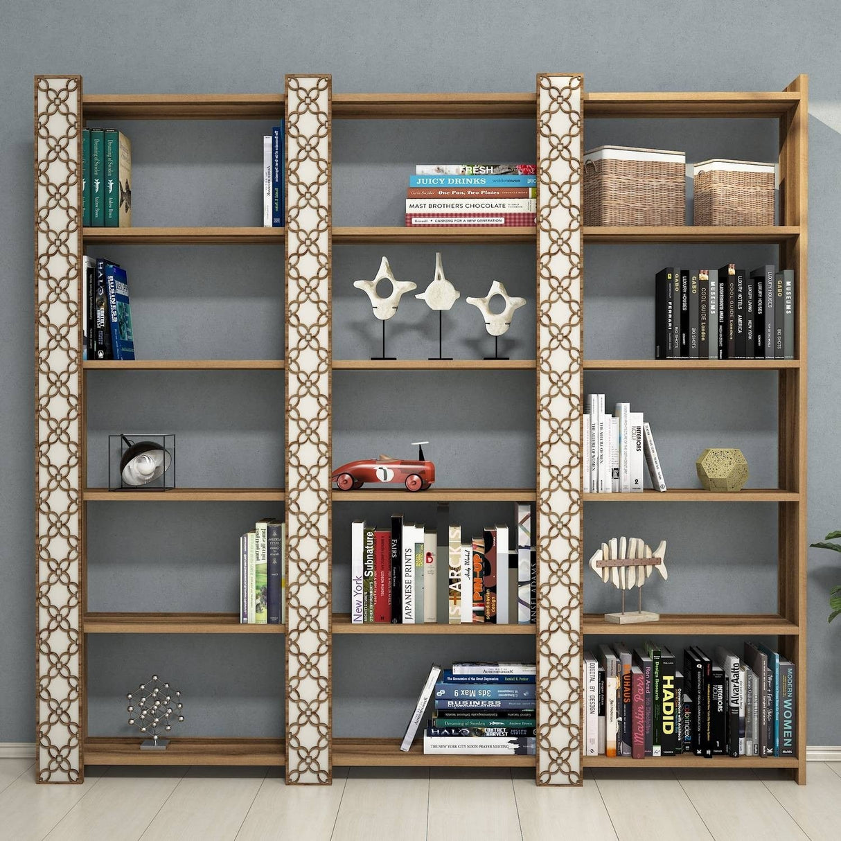 Bibliotecă City 3, Diverse culori, 185x24x170 cm - Nuc - Crem | SKU: 845HCT3621 | Bibliotecă City 3, 185x24x170 cm, varianta Nuc - Crem, produs pentru amenajarea locuinței, disponibil online în România la CasaMob