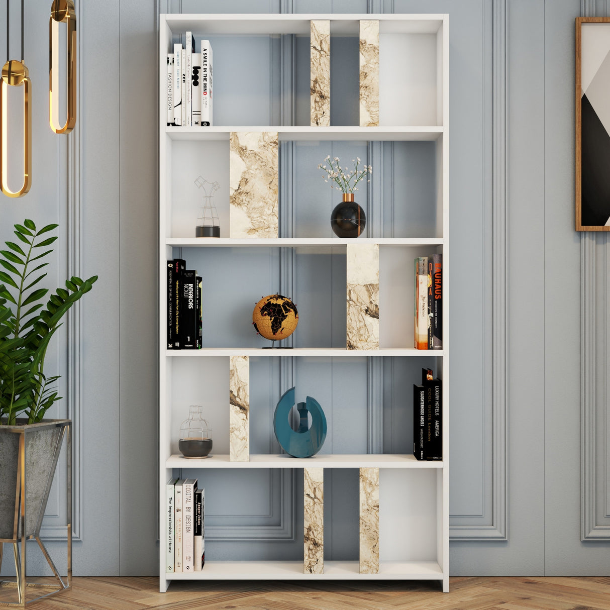 Bibliotecă Lima Marble, Alb, 90x20x180 cm