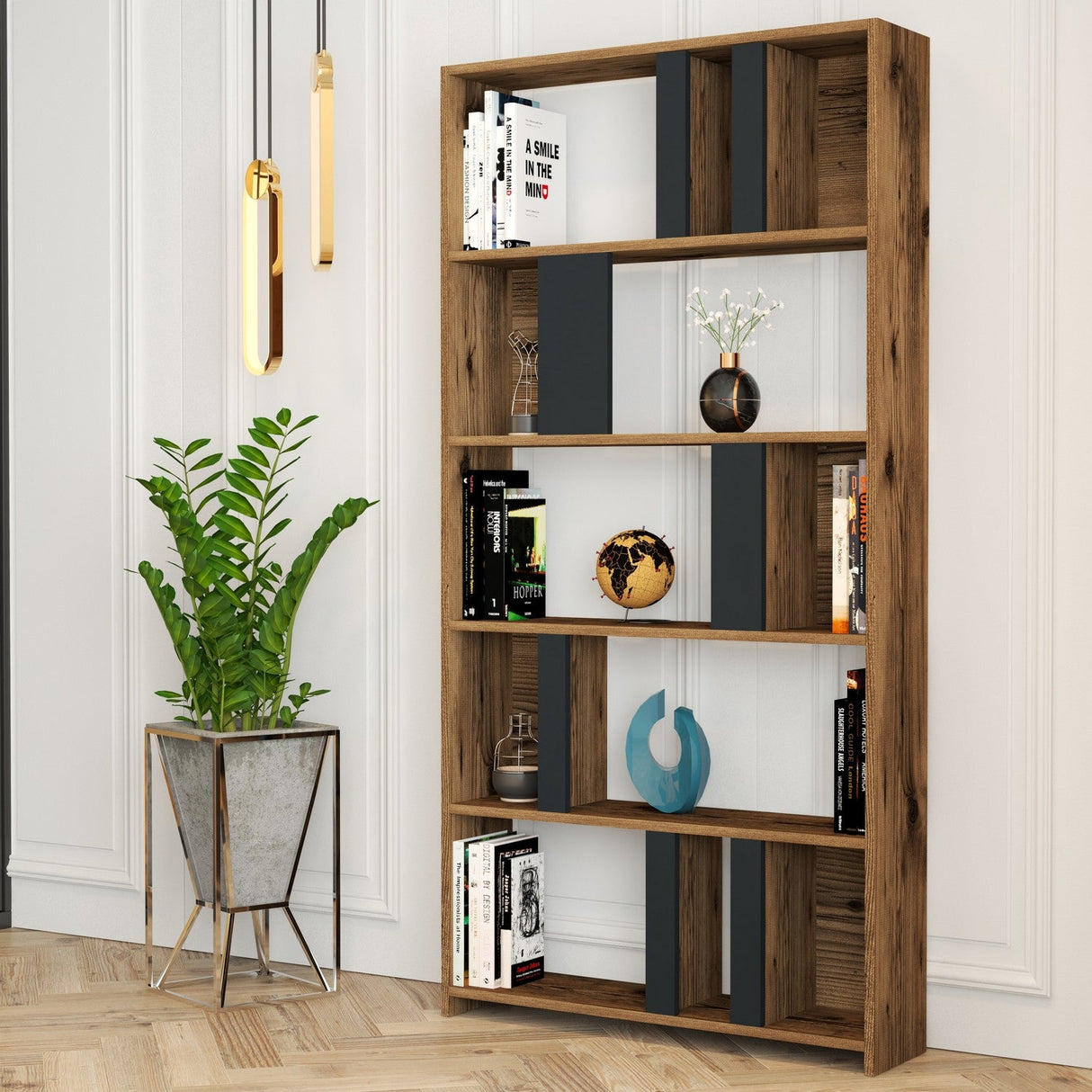 Bibliotecă Lima, Diverse culori, 90x20x180 cm - Nuc - Antracit | SKU: 845HCT3640 | Bibliotecă Lima, 90x20x180 cm, varianta Nuc - Antracit, produs pentru amenajarea locuinței, disponibil online în România la CasaMob