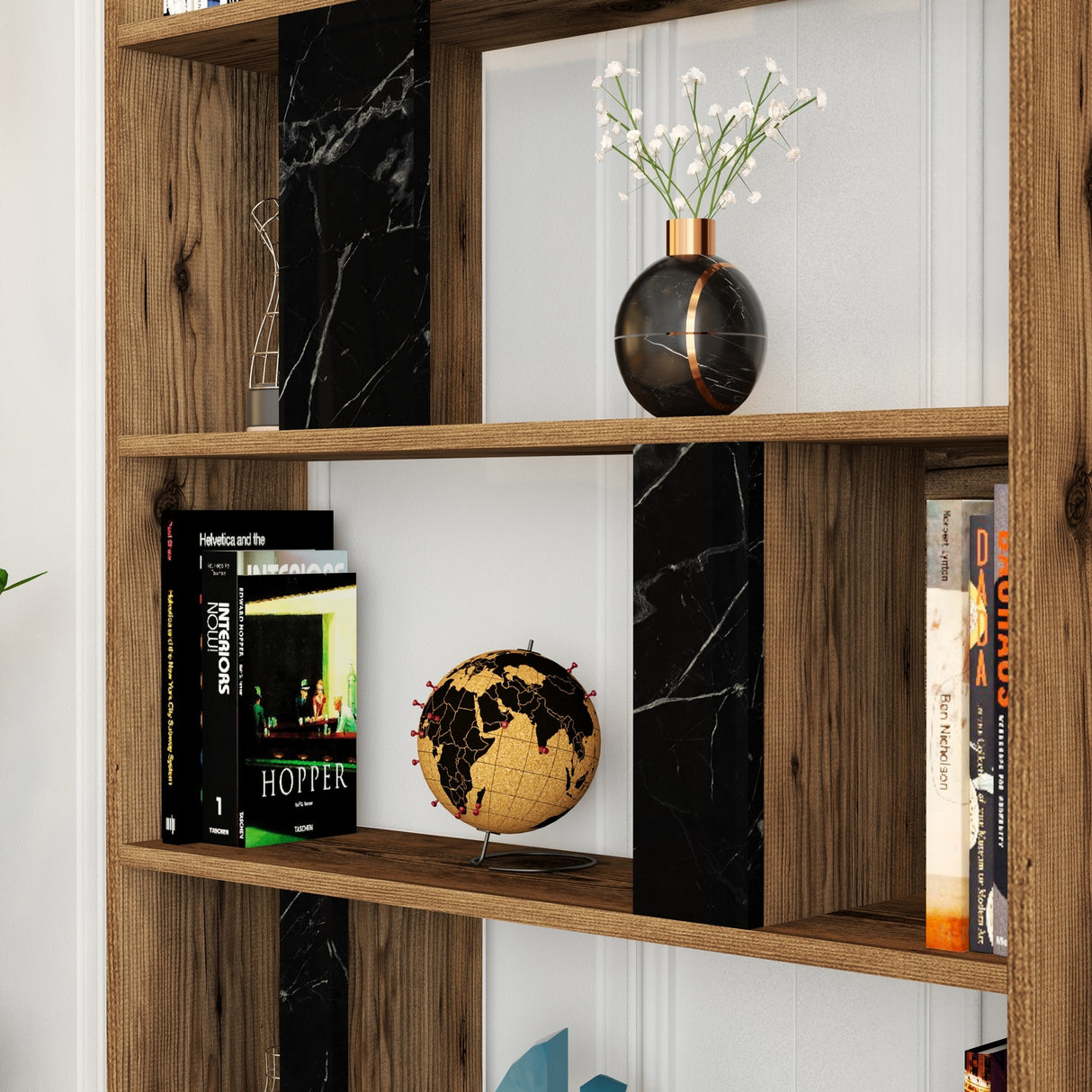Bibliotecă Lima - Walnut, Black Marble, Nuc - Negru, 90x20x180 cm
