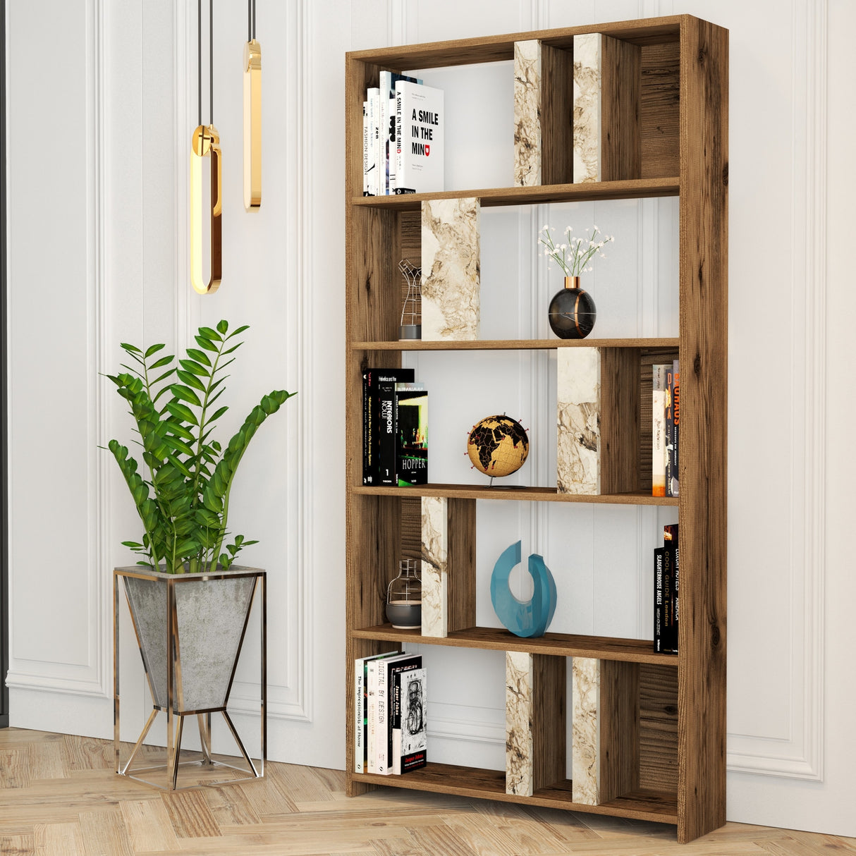 Bibliotecă Lima - Walnut, White Marble, Nuc - Alb, 90x20x180 cm