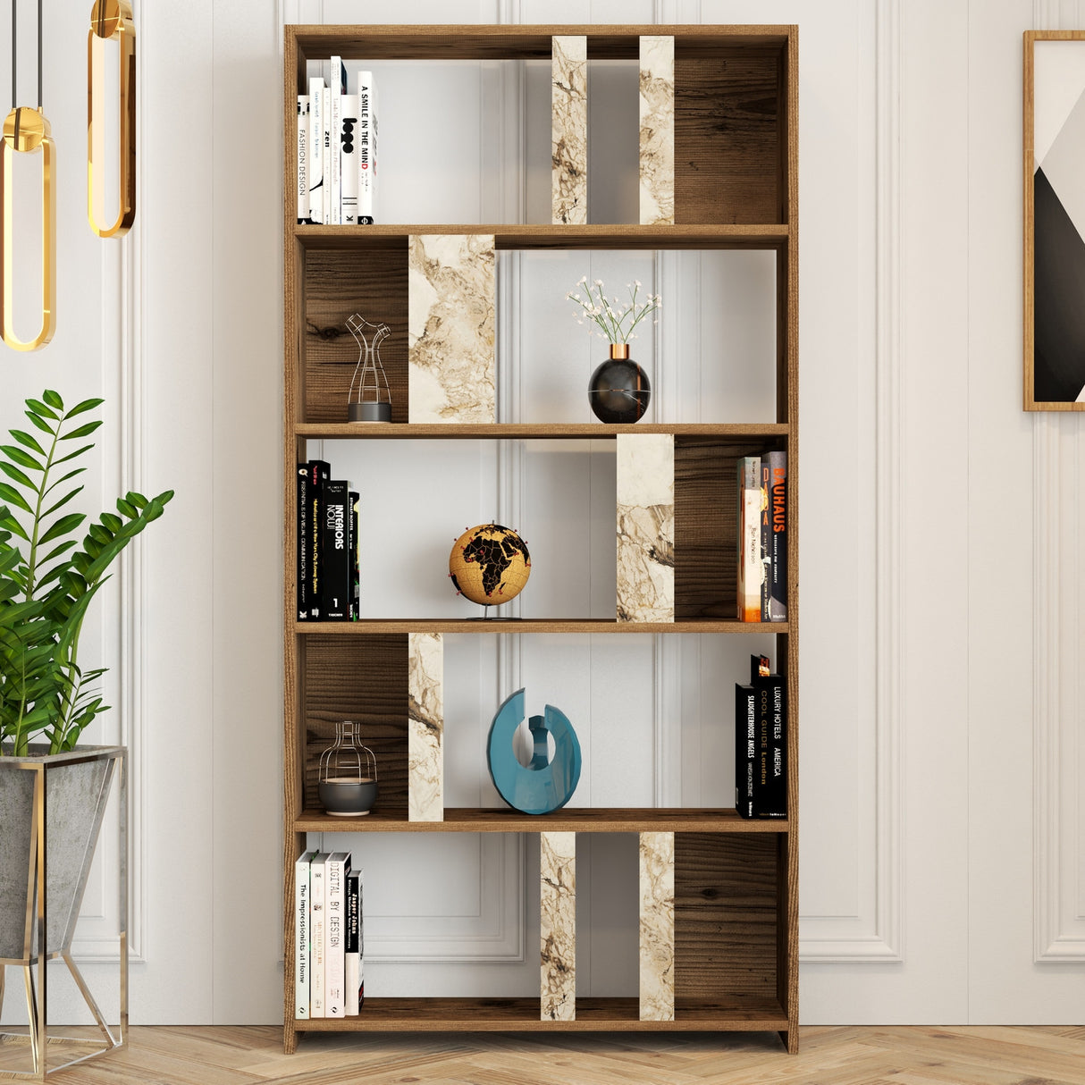 Bibliotecă Lima - Walnut, White Marble, Nuc - Alb, 90x20x180 cm