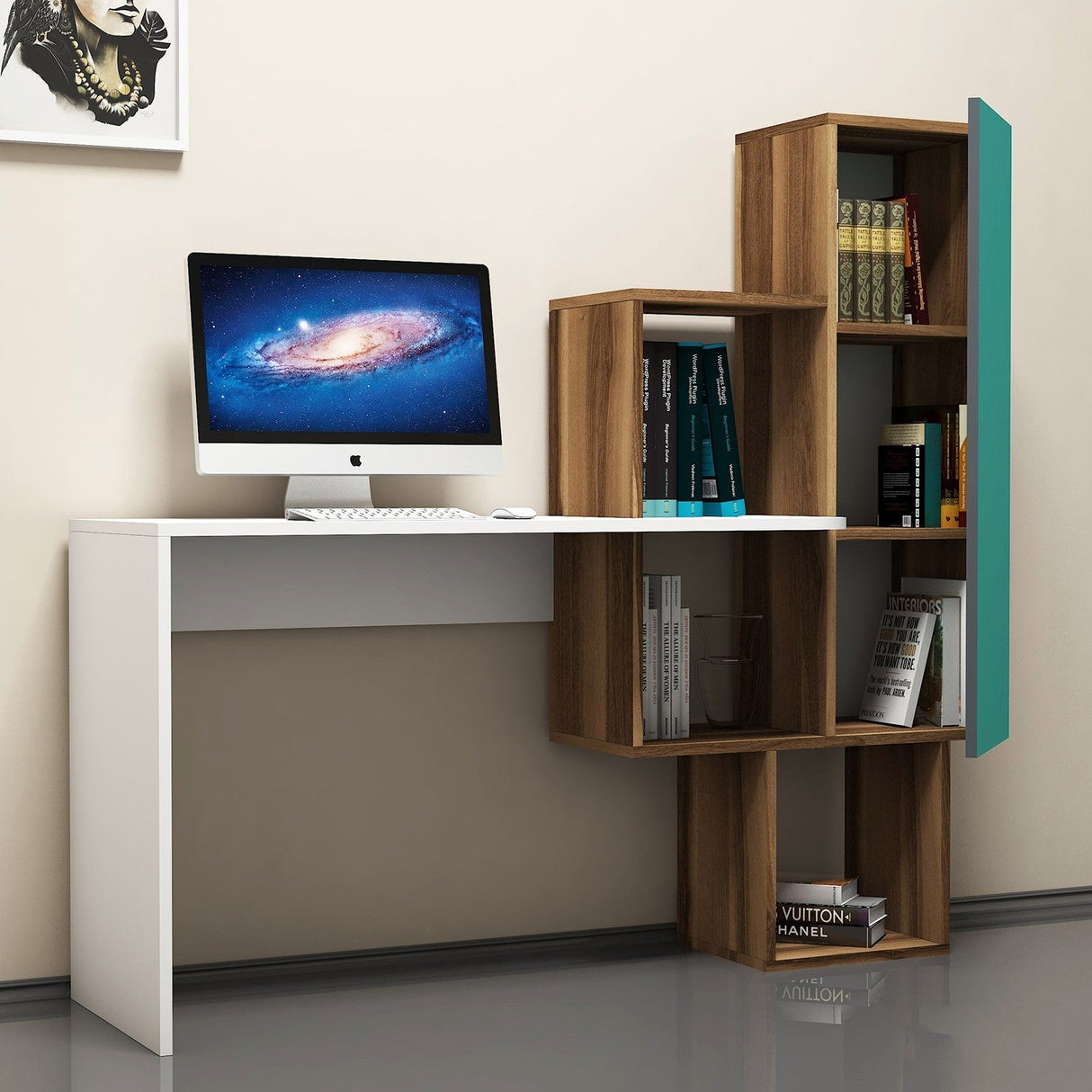 Birou Açelya, Diverse culori, 145x45x75 cm - Nuc - Alb - Turcoaz | SKU: 845HCT3803 | Birou Açelya, 145x45x75 cm, varianta Nuc - Alb - Turcoaz, produs pentru amenajarea locuinței, disponibil online în România la CasaMob
