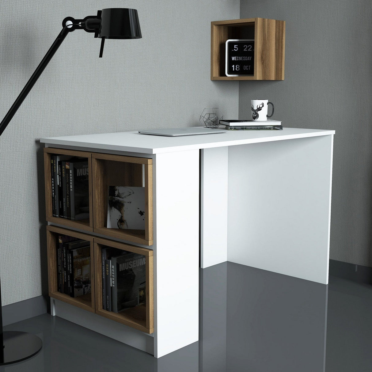 Birou Box, Diverse culori, 120x65x75 cm - Alb - Nuc | SKU: 845HCT3817 | Birou Box, 120x65x75 cm, varianta Alb - Nuc, produs pentru amenajarea locuinței, disponibil online în România la CasaMob