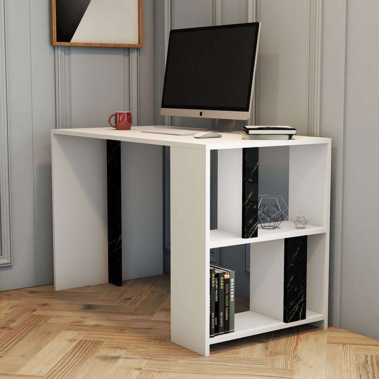 Birou Lima - White, Black Marble, Alb - Negru, 120x60x75 cm