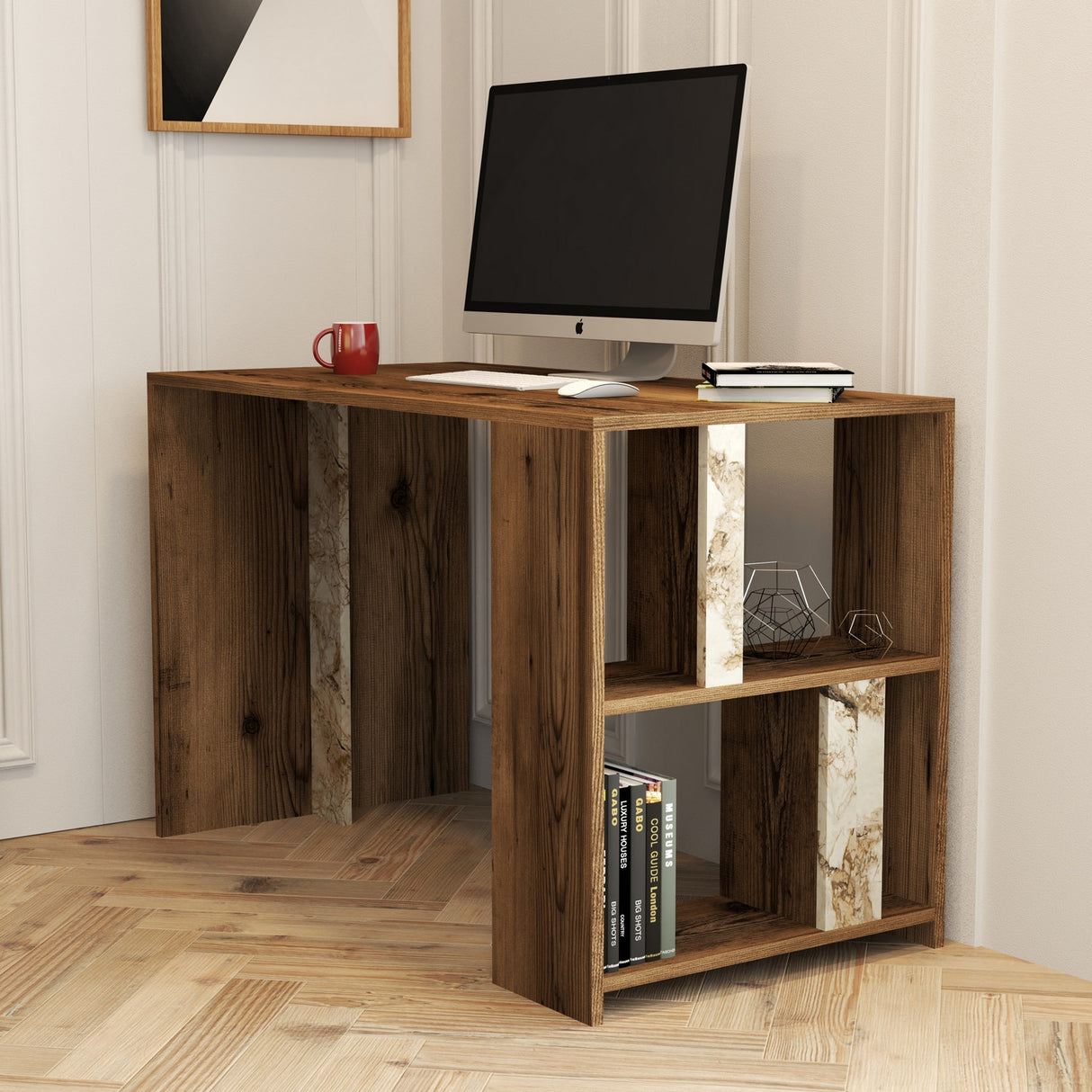 Birou Lima - Walnut, White Marble, Nuc - Alb, 120x60x75 cm
