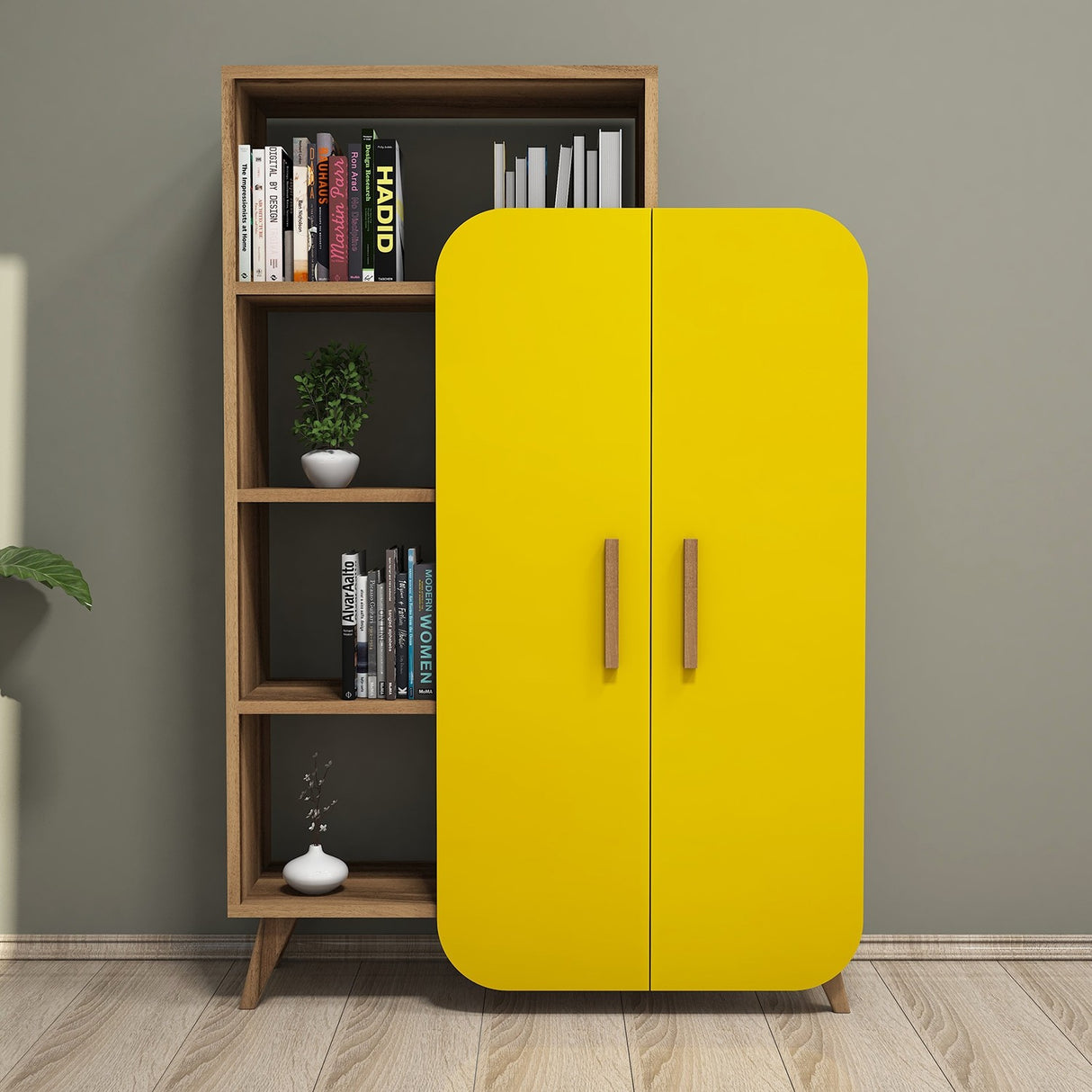 Bibliotecă Form, Nuc - Galben, 90x32x132 cm