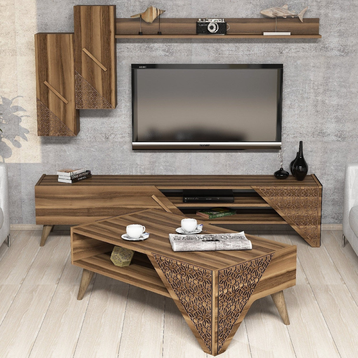 Set mobilă pentru sufragerie Beril, Diverse culori, 180x37x40 cm - Nuc | SKU: 845HCT5202 | Set mobilă pentru sufragerie Beril, 180x37x40 cm, varianta Nuc, produs pentru amenajarea locuinței, disponibil online în România la CasaMob