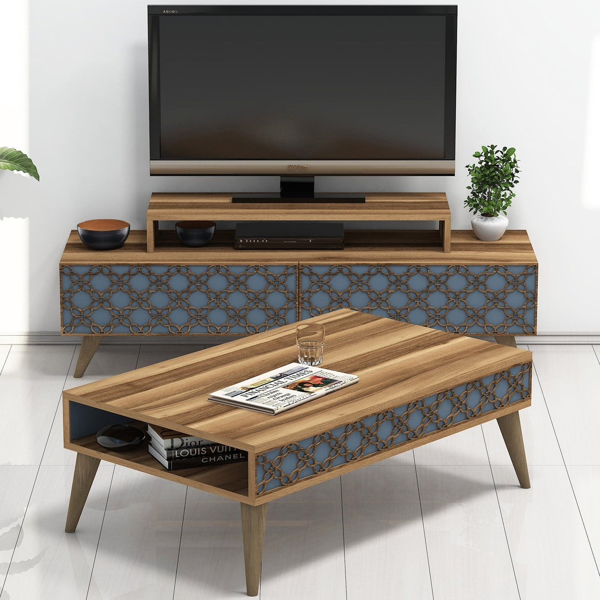 Set mobilă pentru sufragerie City, Diverse culori, 140x42x49 cm - Nuc - Chalcedony | SKU: 845HCT5207 | Set mobilă pentru sufragerie City, 140x42x49 cm, varianta Nuc - Chalcedony, produs pentru amenajarea locuinței, disponibil online în România la CasaMob