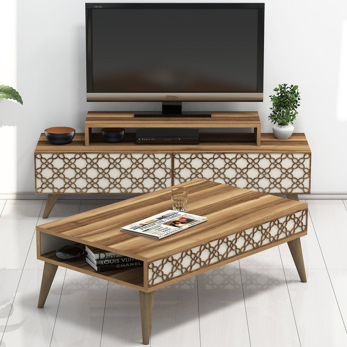 Set mobilă pentru sufragerie City, Diverse culori, 140x42x49 cm - Nuc - Crem | SKU: 845HCT5208 | Set mobilă pentru sufragerie City, 140x42x49 cm, varianta Nuc - Crem, produs pentru amenajarea locuinței, disponibil online în România la CasaMob
