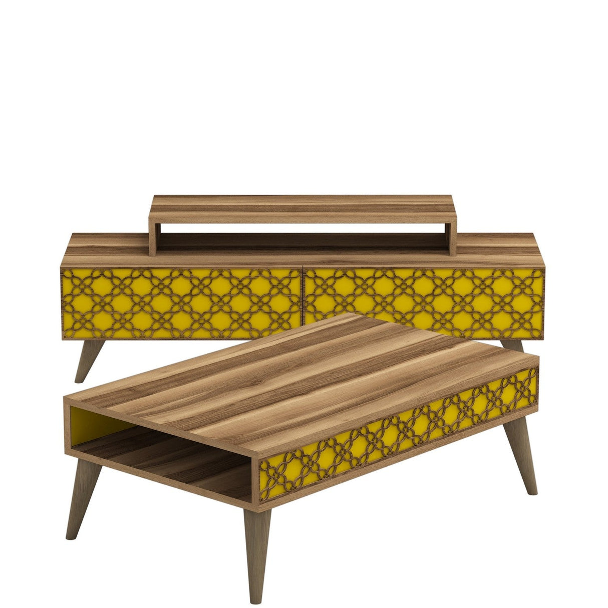 Set mobilă pentru sufragerie City, Diverse culori, 140x42x49 cm - Nuc - Galben | SKU: 845HCT5209 | Set mobilă pentru sufragerie City, 140x42x49 cm, varianta Nuc - Galben, produs pentru amenajarea locuinței, disponibil online în România la CasaMob