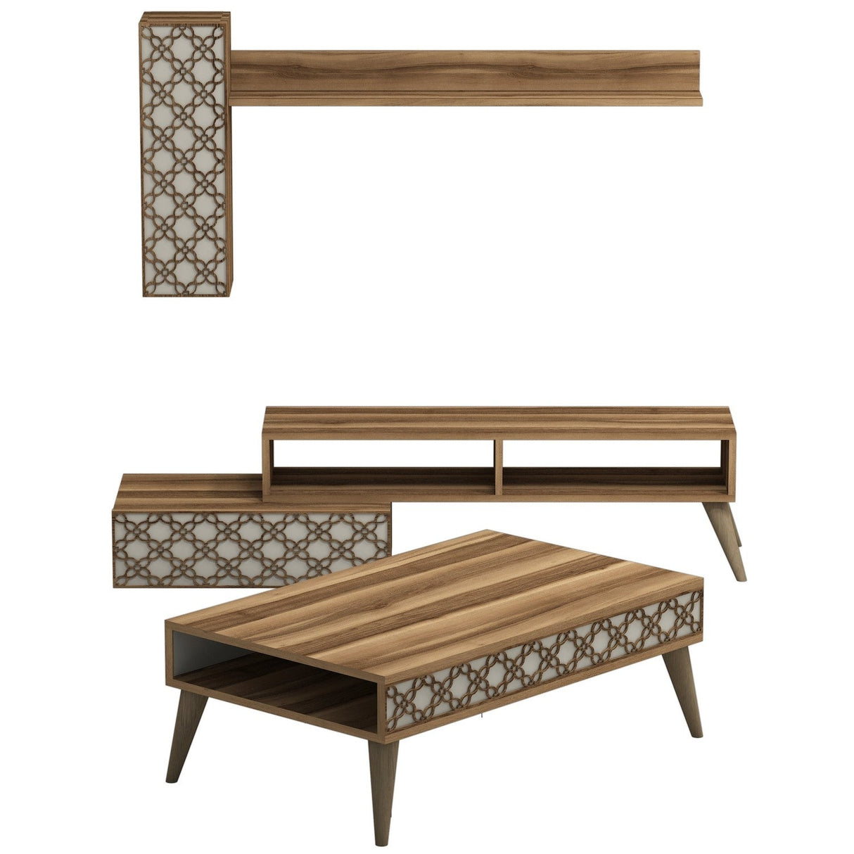 Set mobilă pentru sufragerie Planet, Diverse culori, 150x38x37 cm - Nuc - Crem | SKU: 845HCT5217 | Set mobilă pentru sufragerie Planet, 150x38x37 cm, varianta Nuc - Crem, produs pentru amenajarea locuinței, disponibil online în România la CasaMob