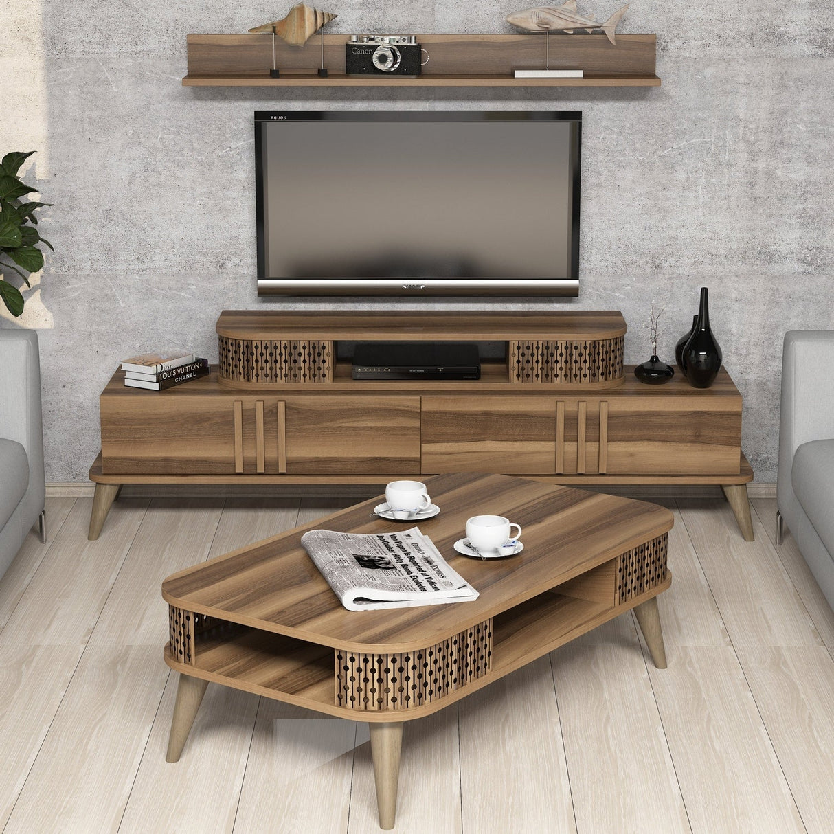 Set mobilă pentru sufragerie Eylül, Diverse culori, 168x39x52 cm - Nuc | SKU: 845HCT5219 | Set mobilă pentru sufragerie Eylül, 168x39x52 cm, varianta Nuc, produs pentru amenajarea locuinței, disponibil online în România la CasaMob