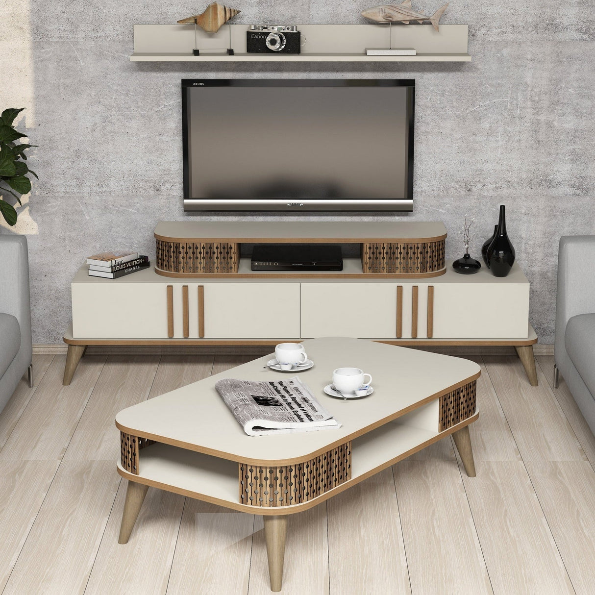 Set mobilă pentru sufragerie Eylül, Diverse culori, 168x39x52 cm - Crem | SKU: 845HCT5221 | Set mobilă pentru sufragerie Eylül, 168x39x52 cm, varianta Crem, produs pentru amenajarea locuinței, disponibil online în România la CasaMob