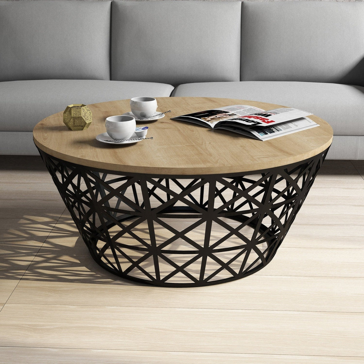 Măsuță de cafea Stil Metal Ferforje, Diverse culori, Diverse configurații, Diverse dimensiuni - Stejar - Negru - 90x90x38 cm - Standard | SKU: 845HCT5225 | Măsuță de cafea Stil Metal Ferforje, varianta Stejar - Negru - 90x90x38 cm - Standard, produs pentru amenajarea locuinței, disponibil online în România la CasaMob