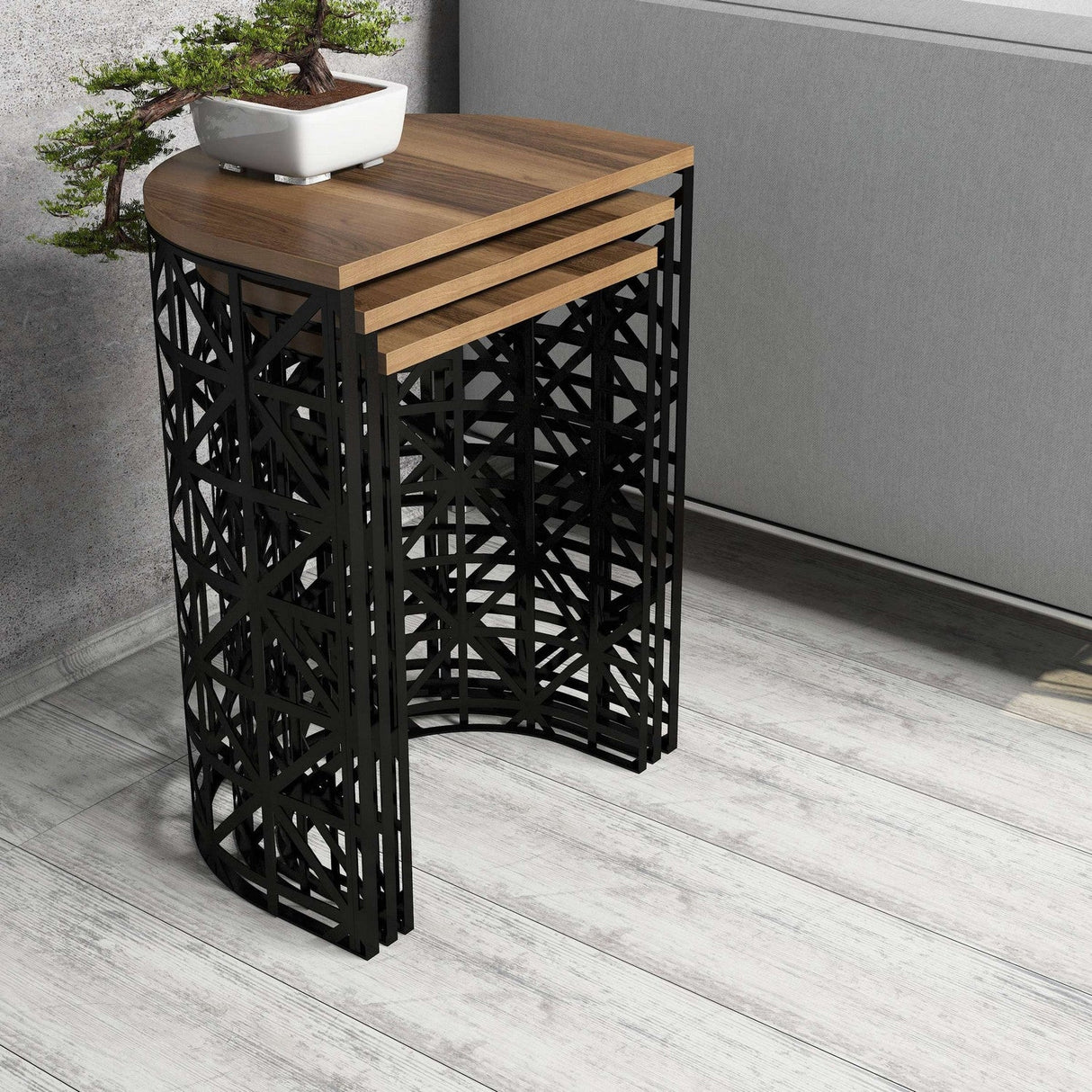 Măsuță de cafea Stil Metal Ferforje, Diverse culori, Diverse configurații, Diverse dimensiuni - Nuc - Negru - 46x33x62 cm - 3 bucăți | SKU: 845HCT5231 | Măsuță de cafea Stil Metal Ferforje, varianta Nuc - Negru - 46x33x62 cm - 3 bucăți, produs pentru amenajarea locuinței, disponibil online în România la CasaMob